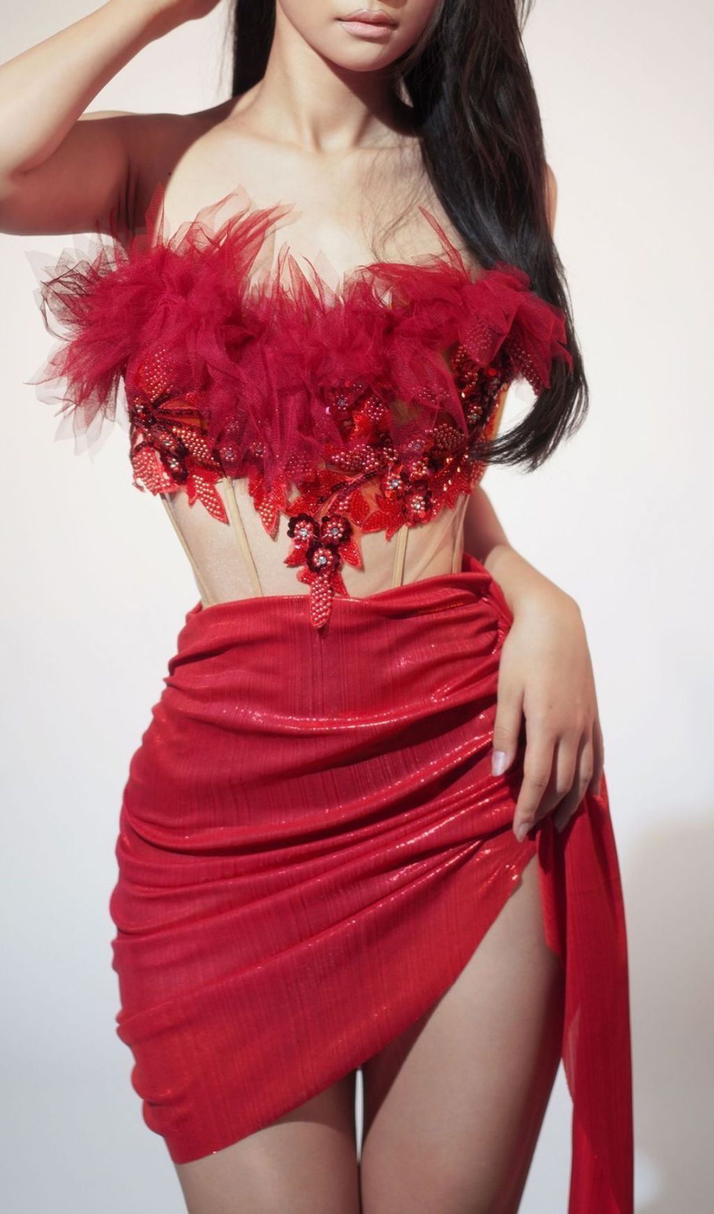 Fashionslee Women Izefia Red Beaded Corset Top & Skirt Set