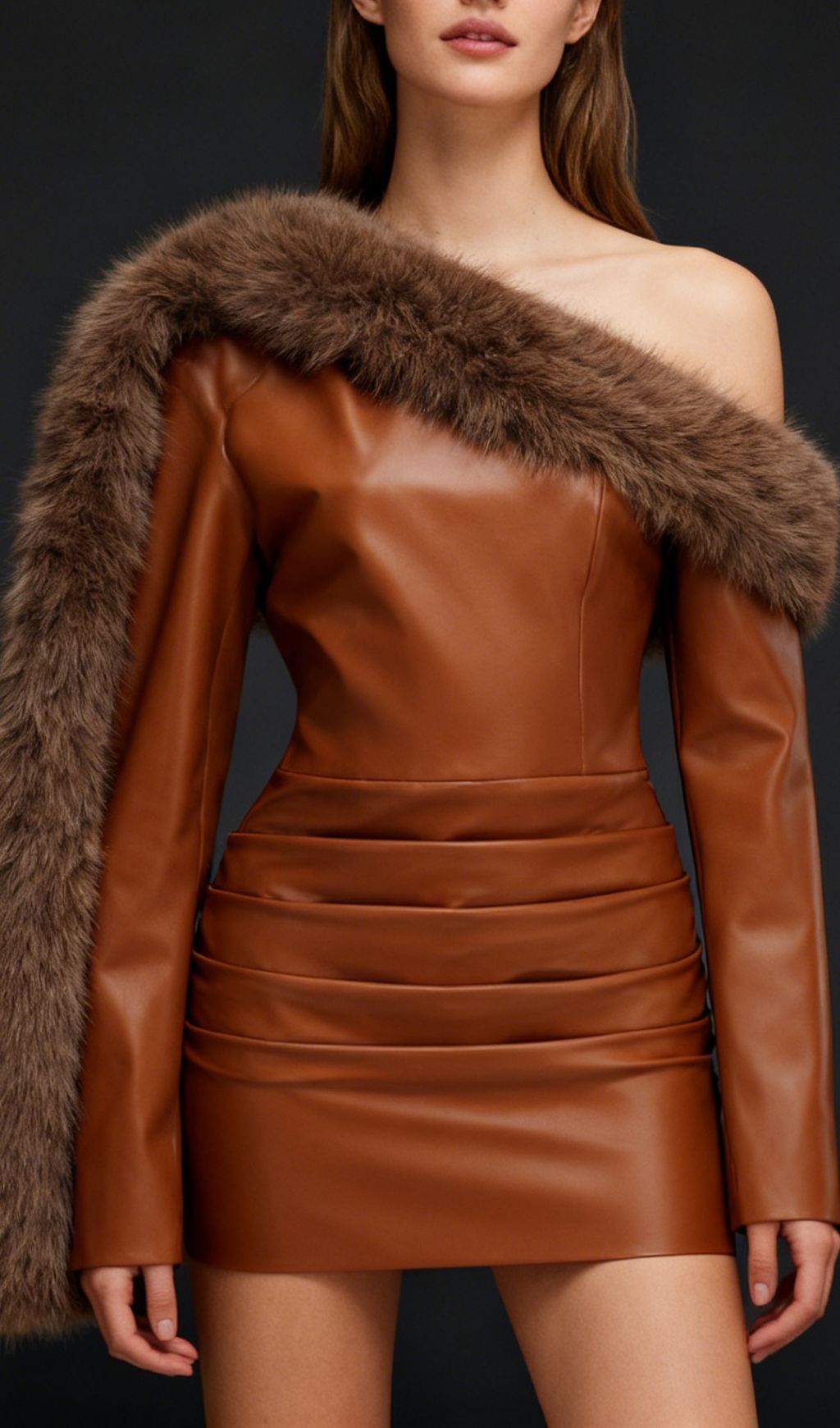 Fashionslee Women João Long Sleeve Fur Detail Faux Leather Mini Dress