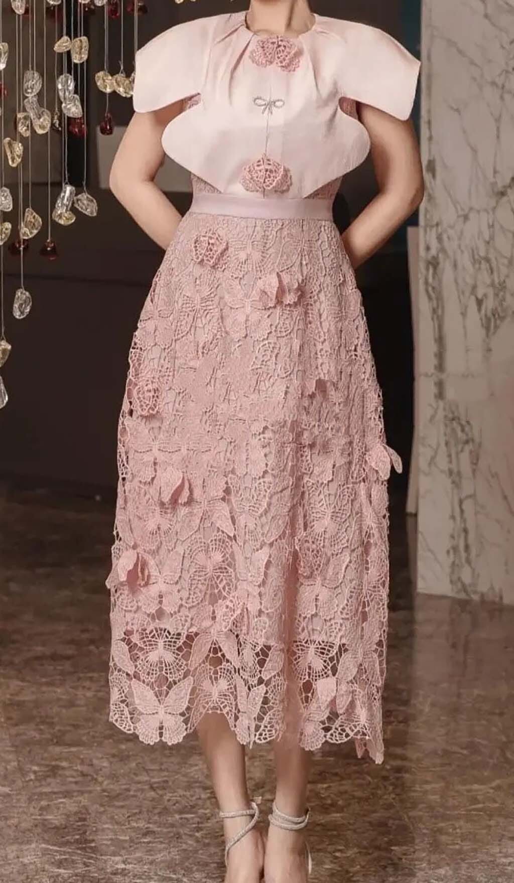 Fashionslee Women Butterfly Embroidery Cloak Sleeve Midi Dress In Pink