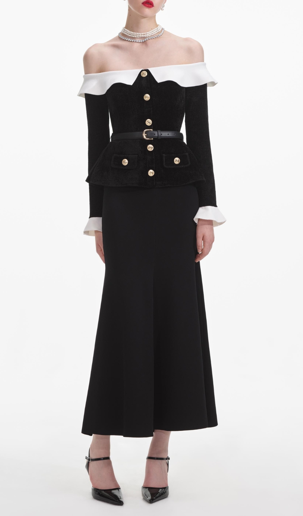 Fashionslee Women Black Chenille Knit Off Shoulder Midi Dress