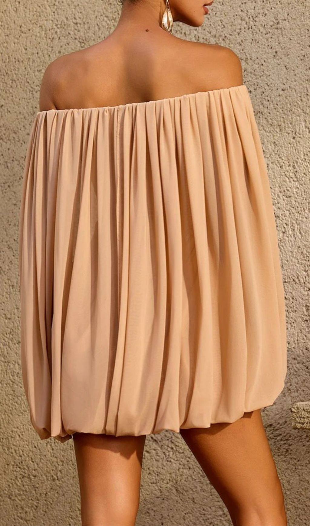 OFF-SHOULDER RUCHED MINI DRESS IN CAMEL - OWNCI OFF-SHOULDER RUCHED MINI DRESS IN CAMEL - OWNCI