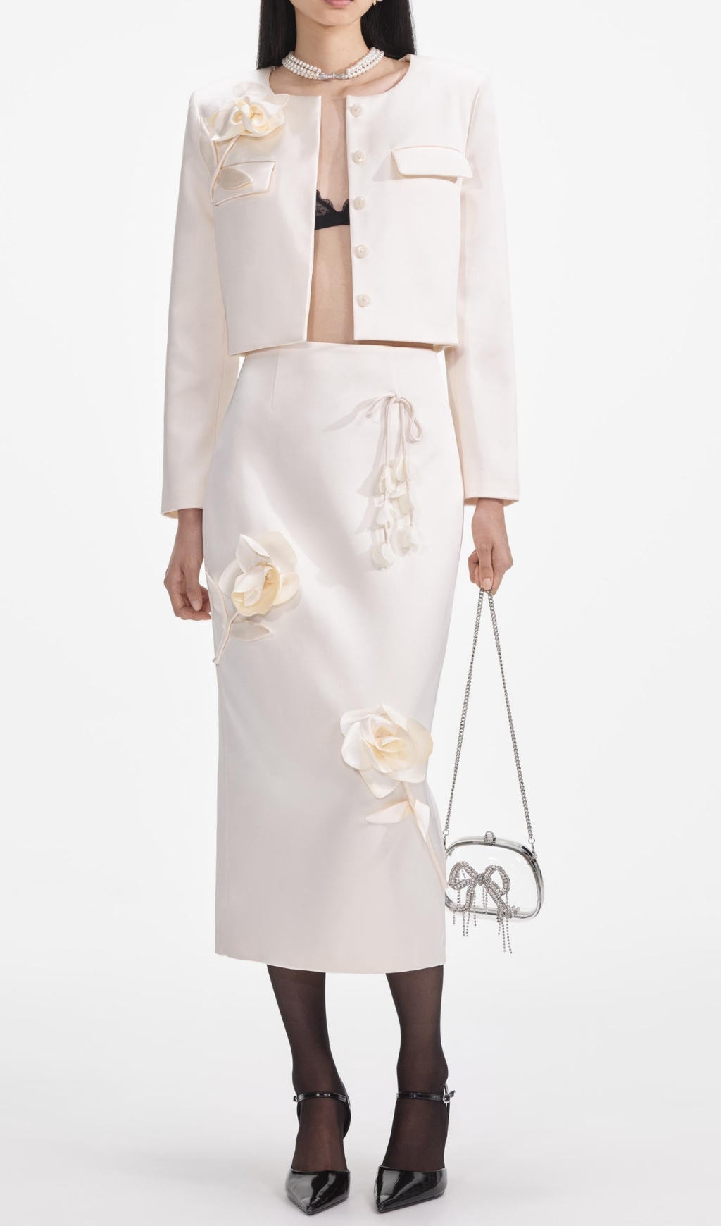 07bb73783aeaf6b400fe4e265eee8d28.jpg Fashionslee Women Cream 3D Flower Satin Midi Skirt