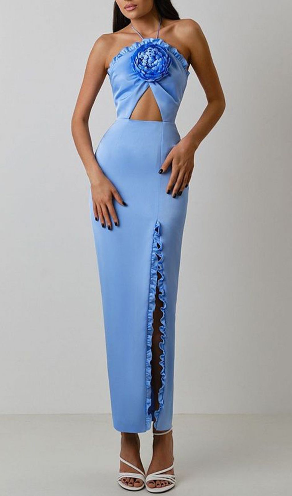 Fashionslee Women Floral Embellished Slit Midi Dress In Blue