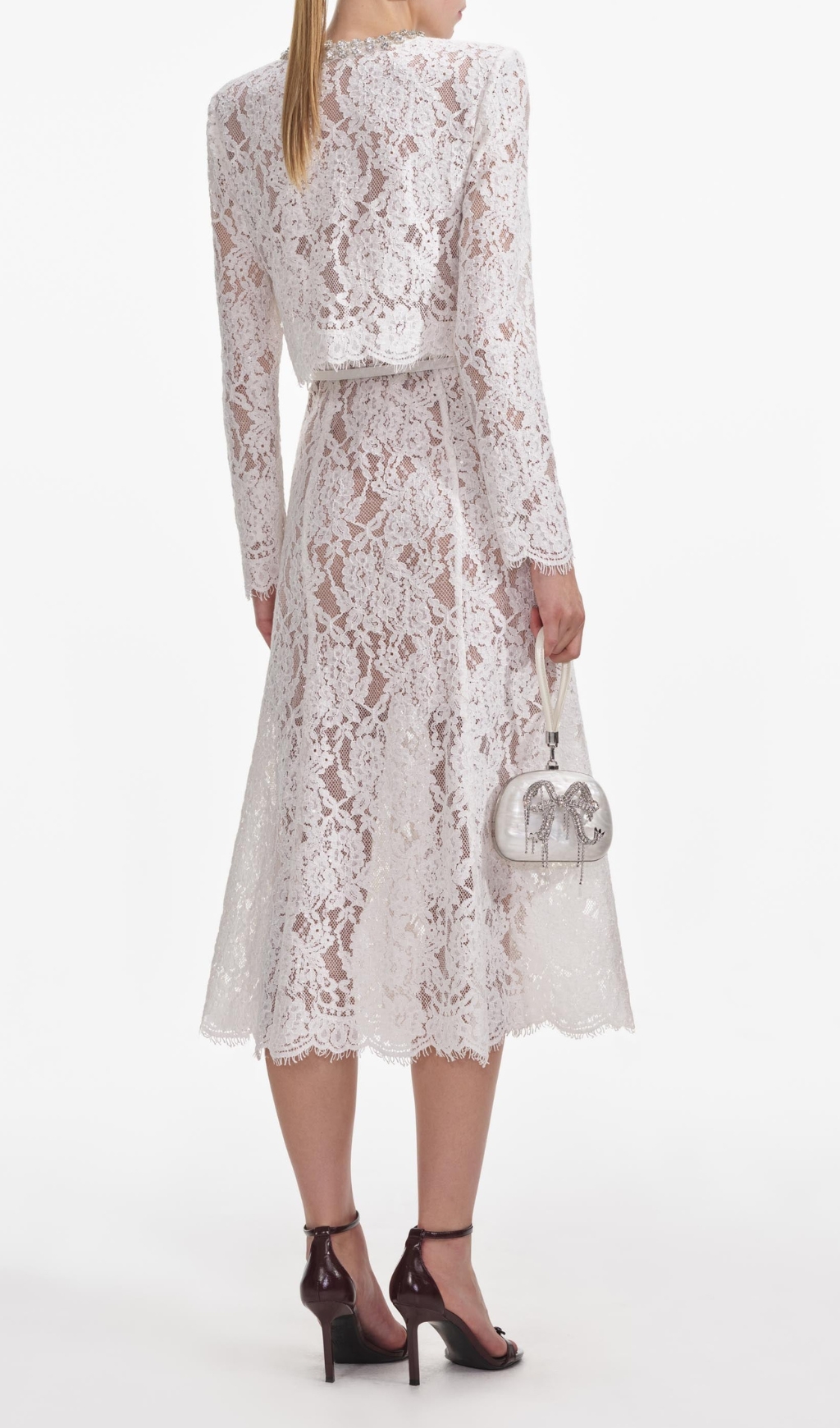 Fashionslee Women White Lace Embellished Top & Midi Skirt