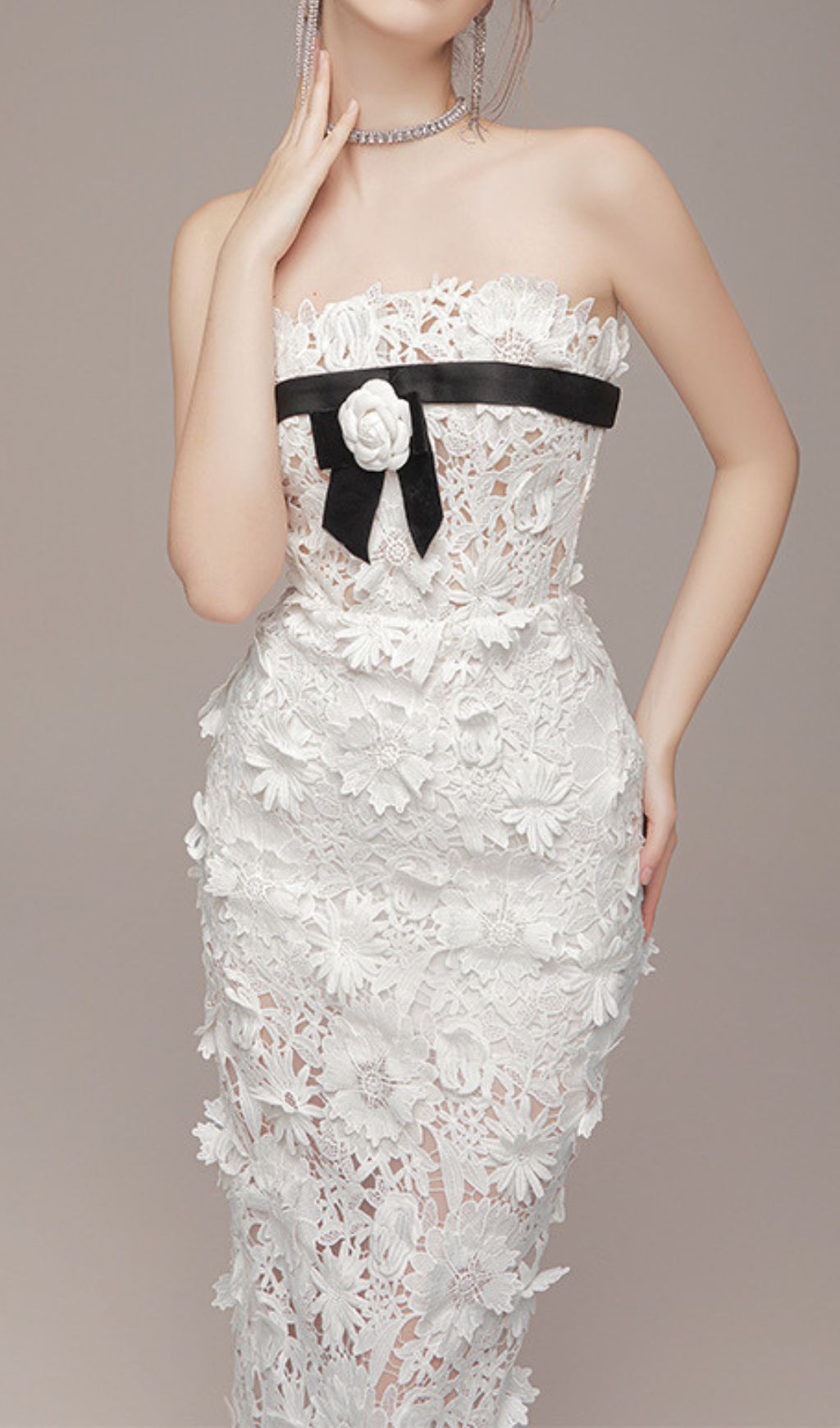 Fashionslee Women Eviana White Strapless Flower Embroidery Maxi Dress