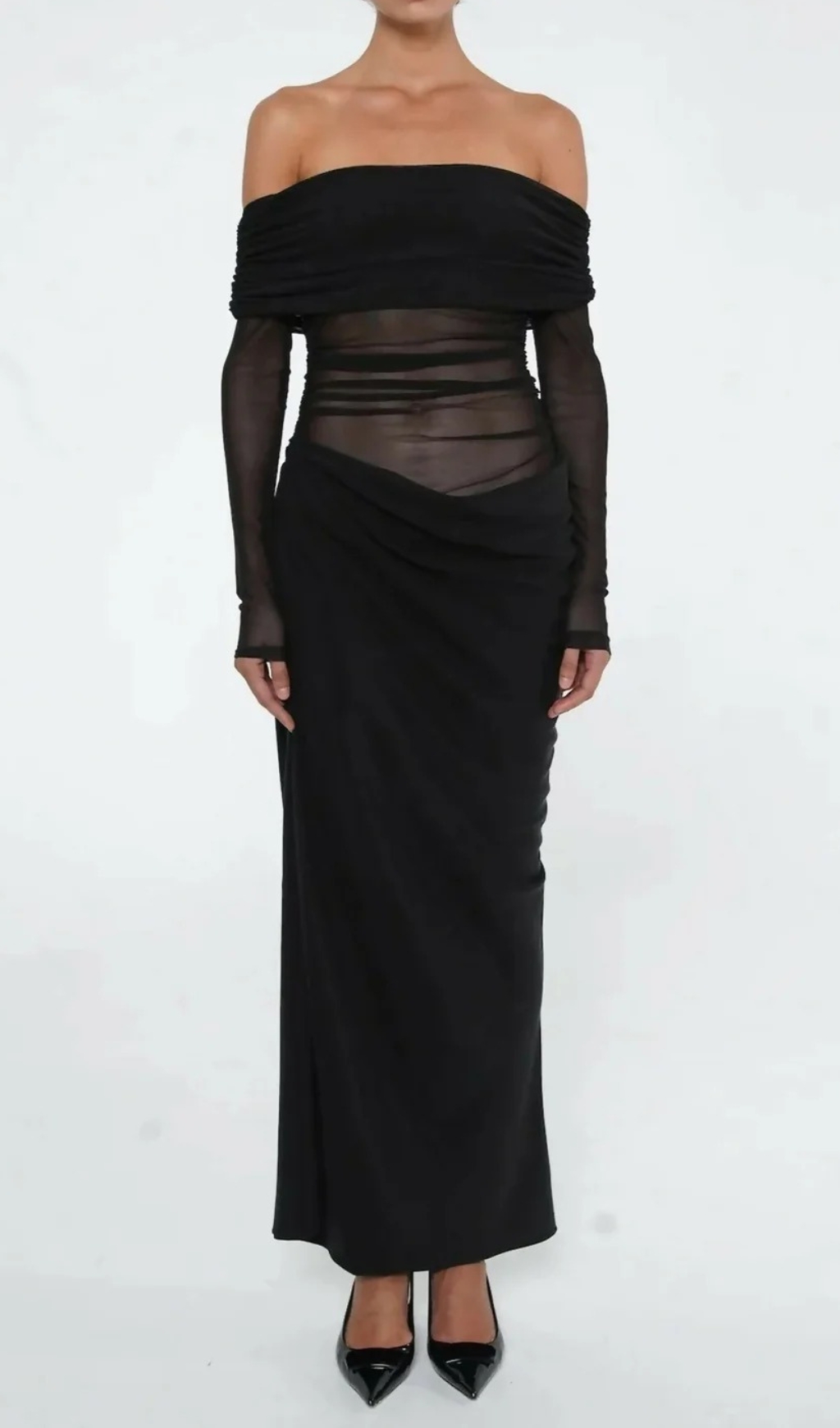 Fashionslee Women Dawood Black Off-Shoulder Long Sleeve Mesh Maxi Dress