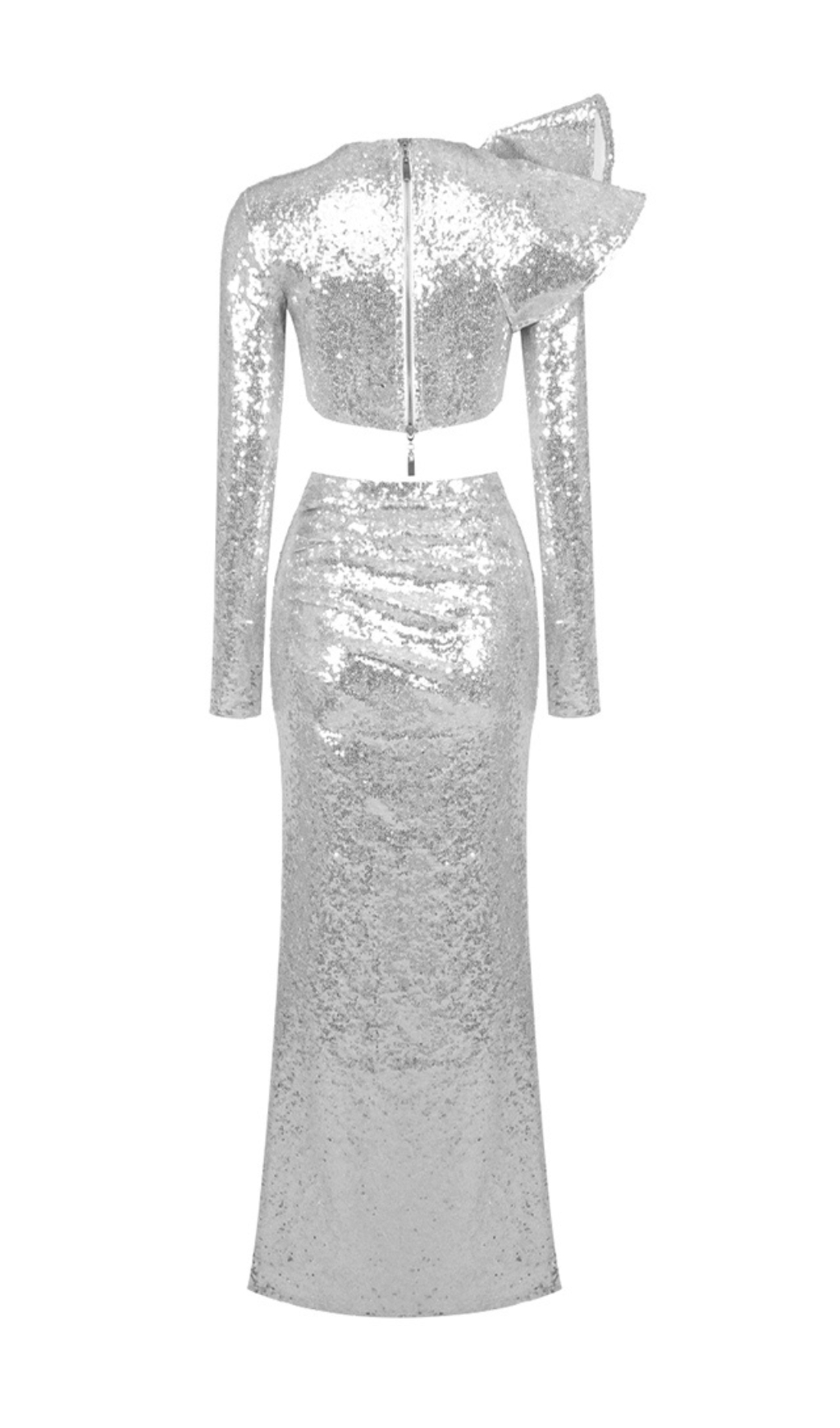 Fashionslee Women Long Sleeve Sequin Maxi Two Piece Dress Silver