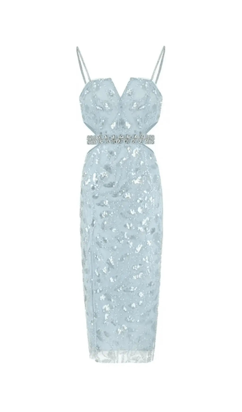 Fashionslee Women Mesh Diamond Cut-Out Waistless Sequin Splid Dress In Light Blue