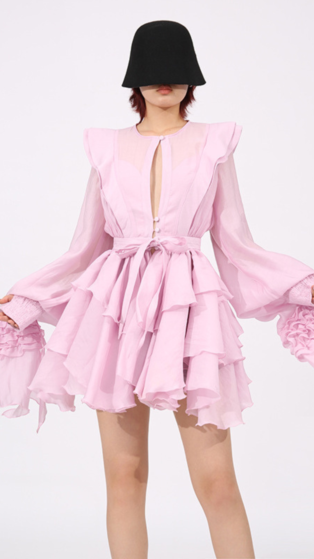 Fashionslee Women Fleur Pink Long Sleeve Ruffle Mini Dress