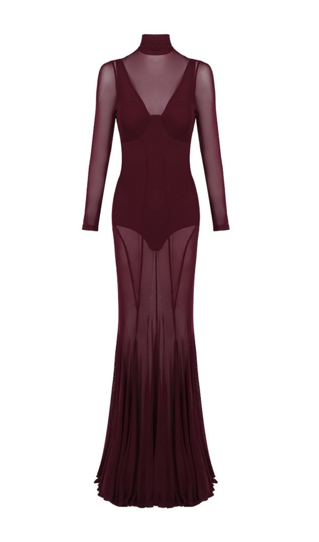Fashionslee Women Kassie Wine Mesh Long Sleeve Maxi Dress