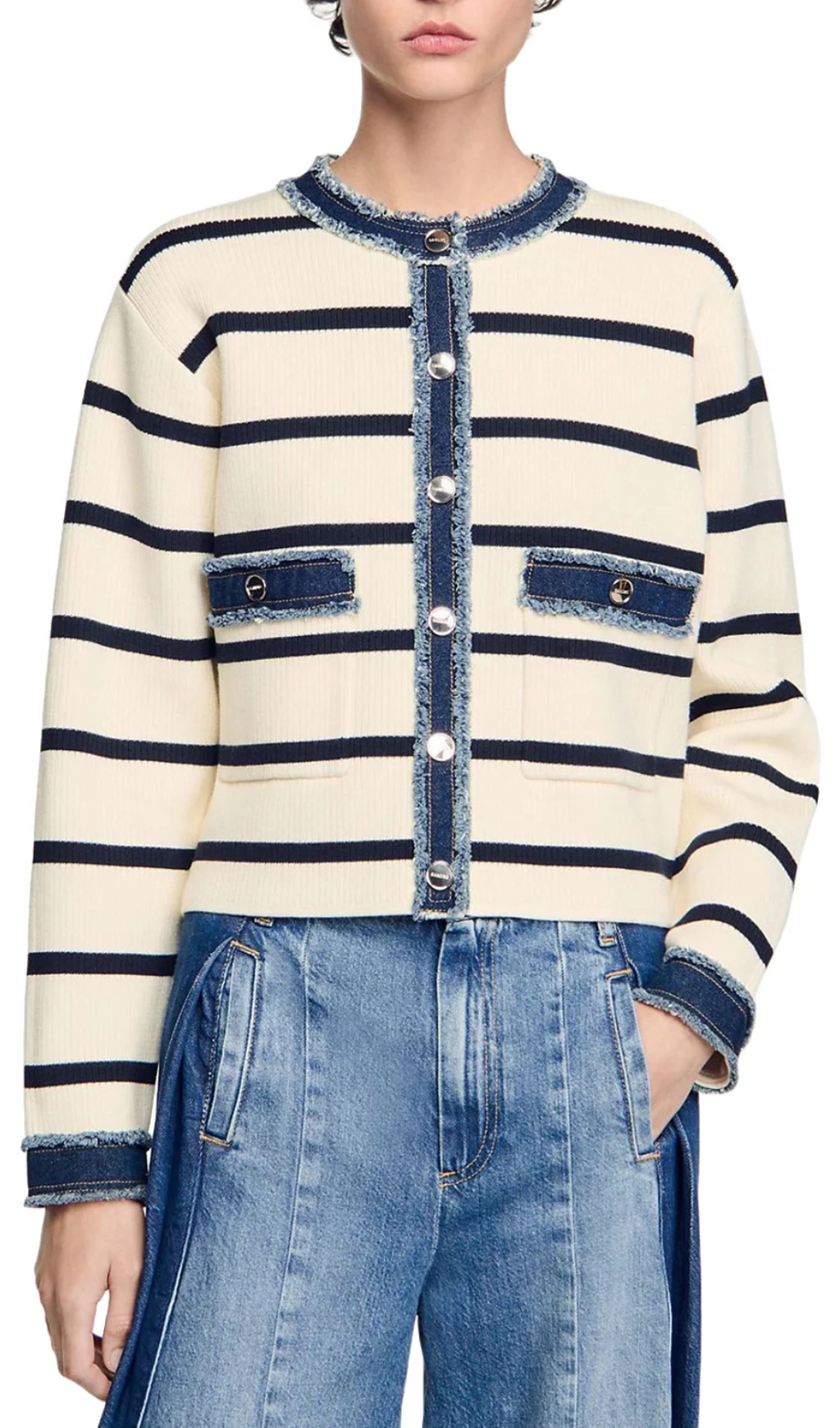 Fashionslee Women Striped Cardigan With Denim Detail