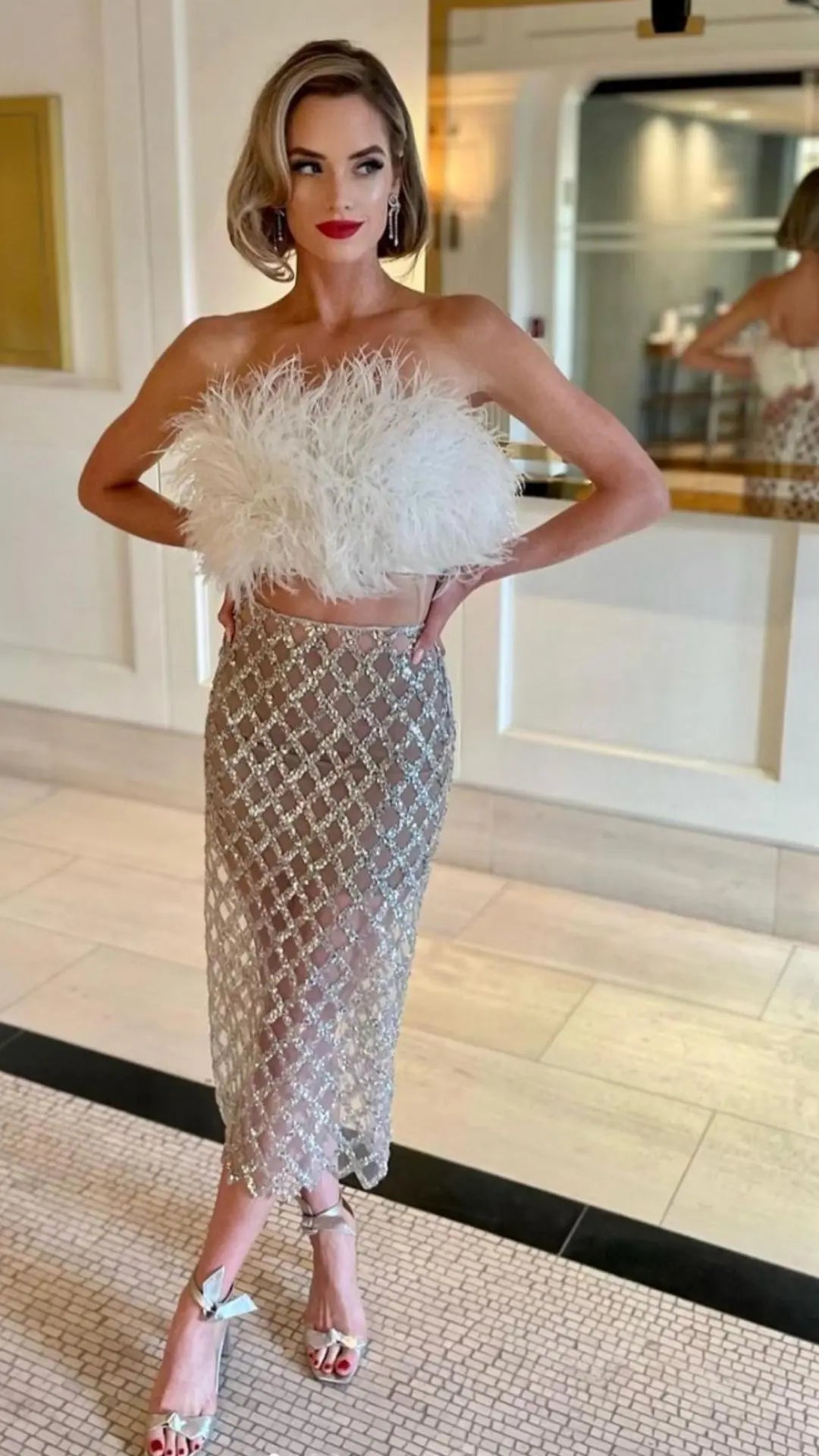 09208639192b10d13585d939d5a1bd71.jpeg Fashionslee Women Feather Sequin Two Piece Set In White