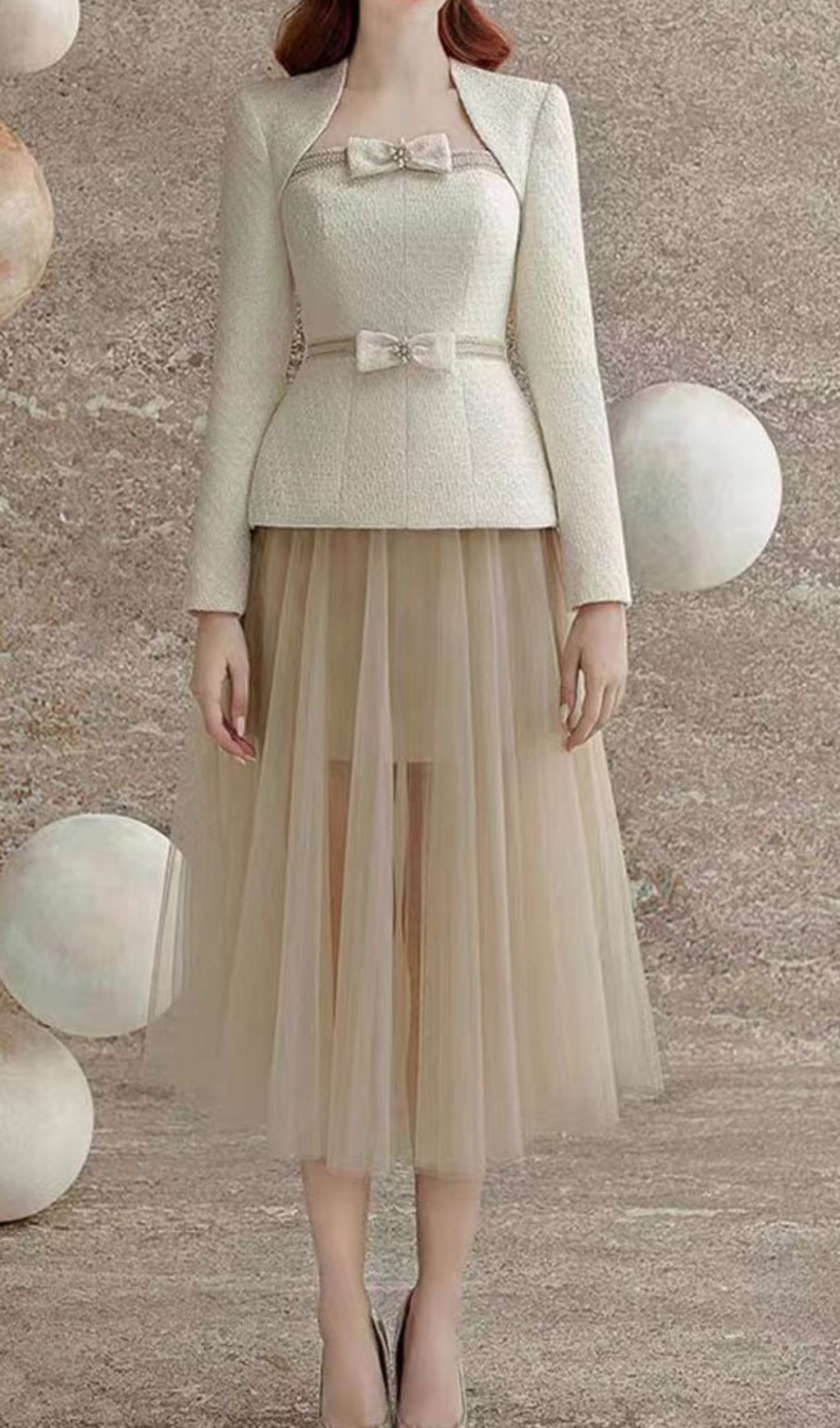 Fashionslee Women Cristy Long Sleeve Bow Mesh Skirt Set