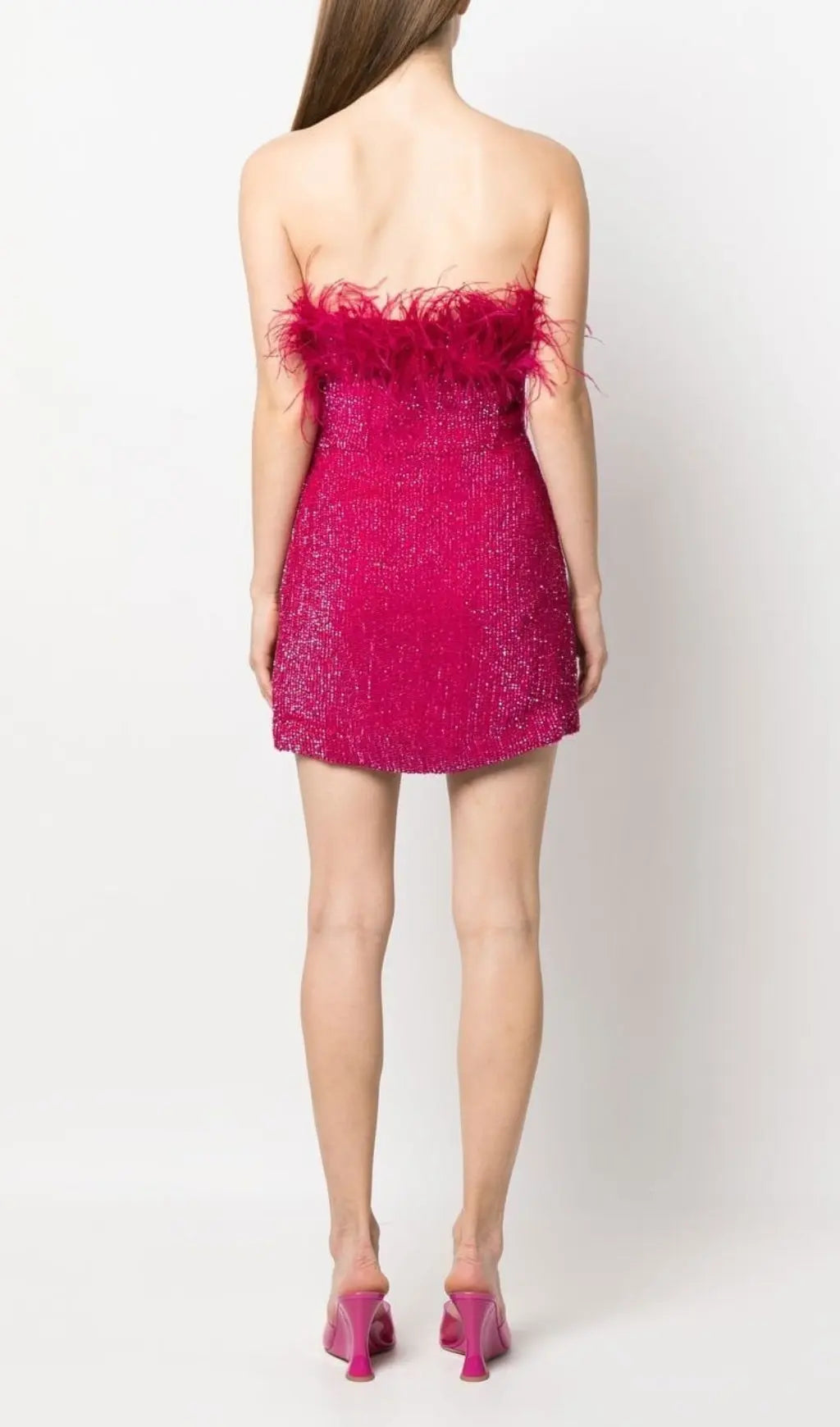 096659c27ff57cea58e5a1b740279d39.jpeg Fashionslee Women Sequin Feather Strapless Mini Dress In Hot Pink