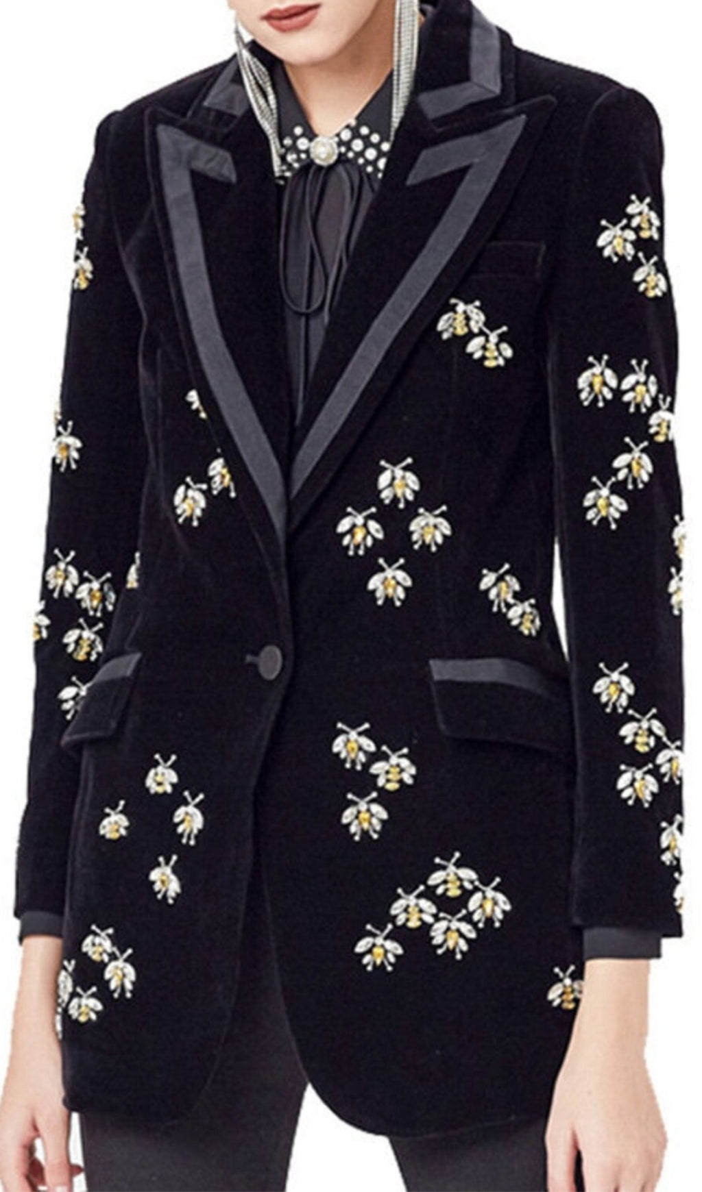 Fashionslee Women Black Velvet Blazer Jacket With Rhinestone Bees