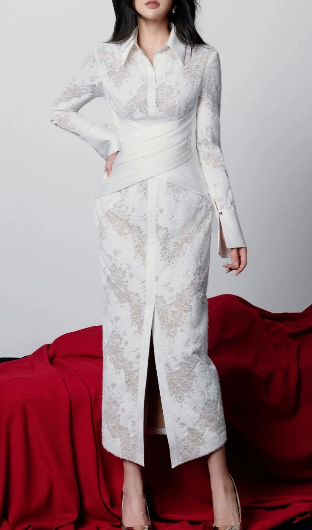 Fashionslee Women Kerani White Lace Long Sleeve Midi Dress