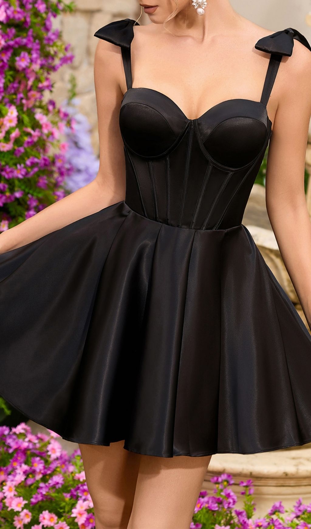 Fashionslee Women Katsuko Black Bow Strap Corset Mini Dress