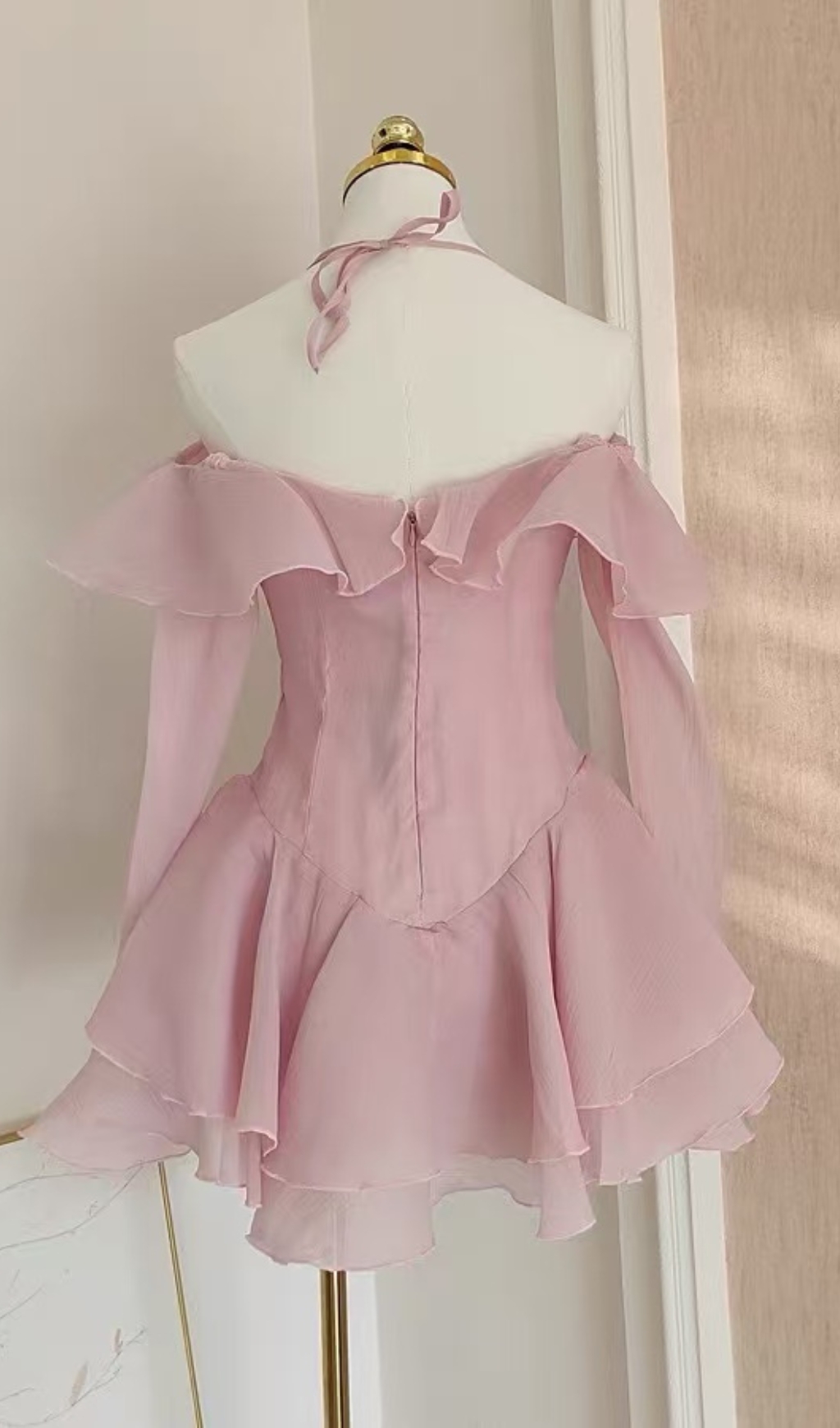 0a2f30fddcc4cd70ef738e35442154f4.jpg Fashionslee Women Brandee Pink Long Sleeve Ruffle Hem Mini Dress