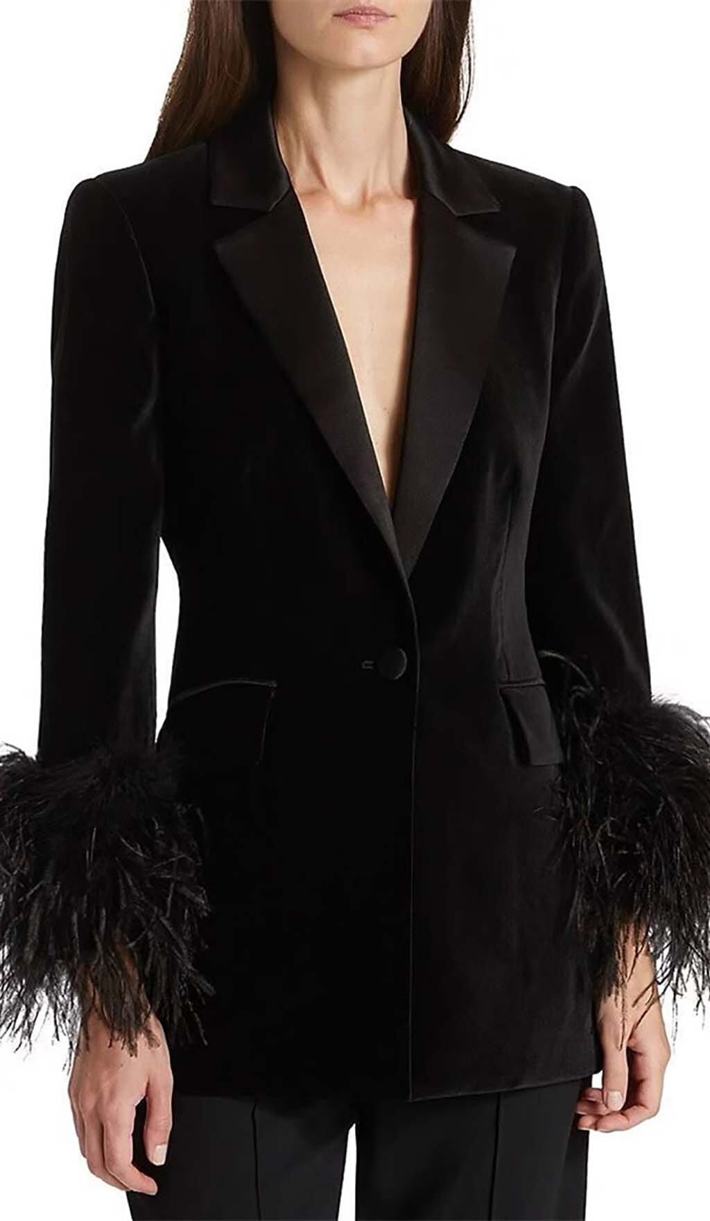 Fashionslee Women Velvet Feather-Trim Jacket In Black