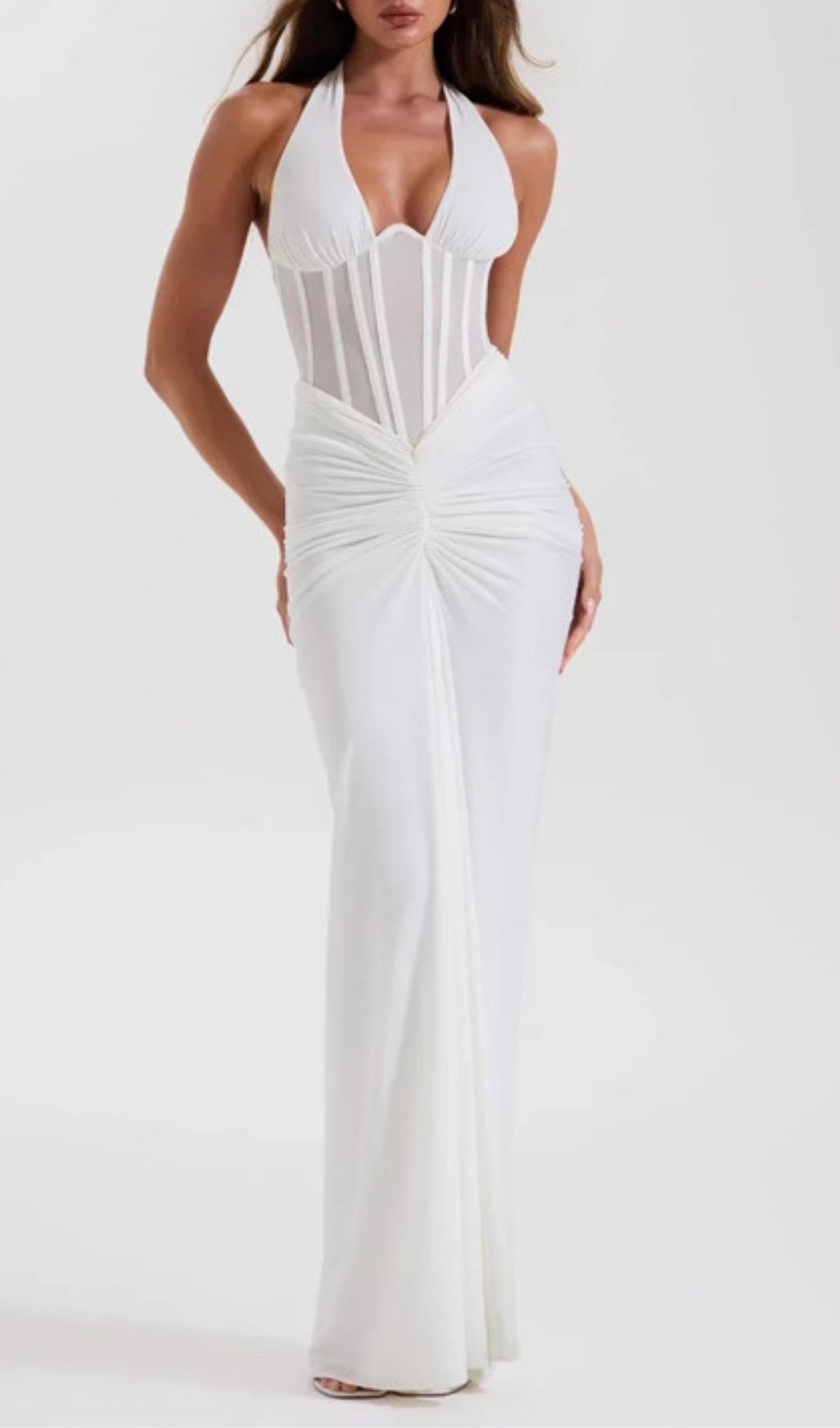 Fashionslee Women Kezia White Halter Corset Ruched Maxi Dress