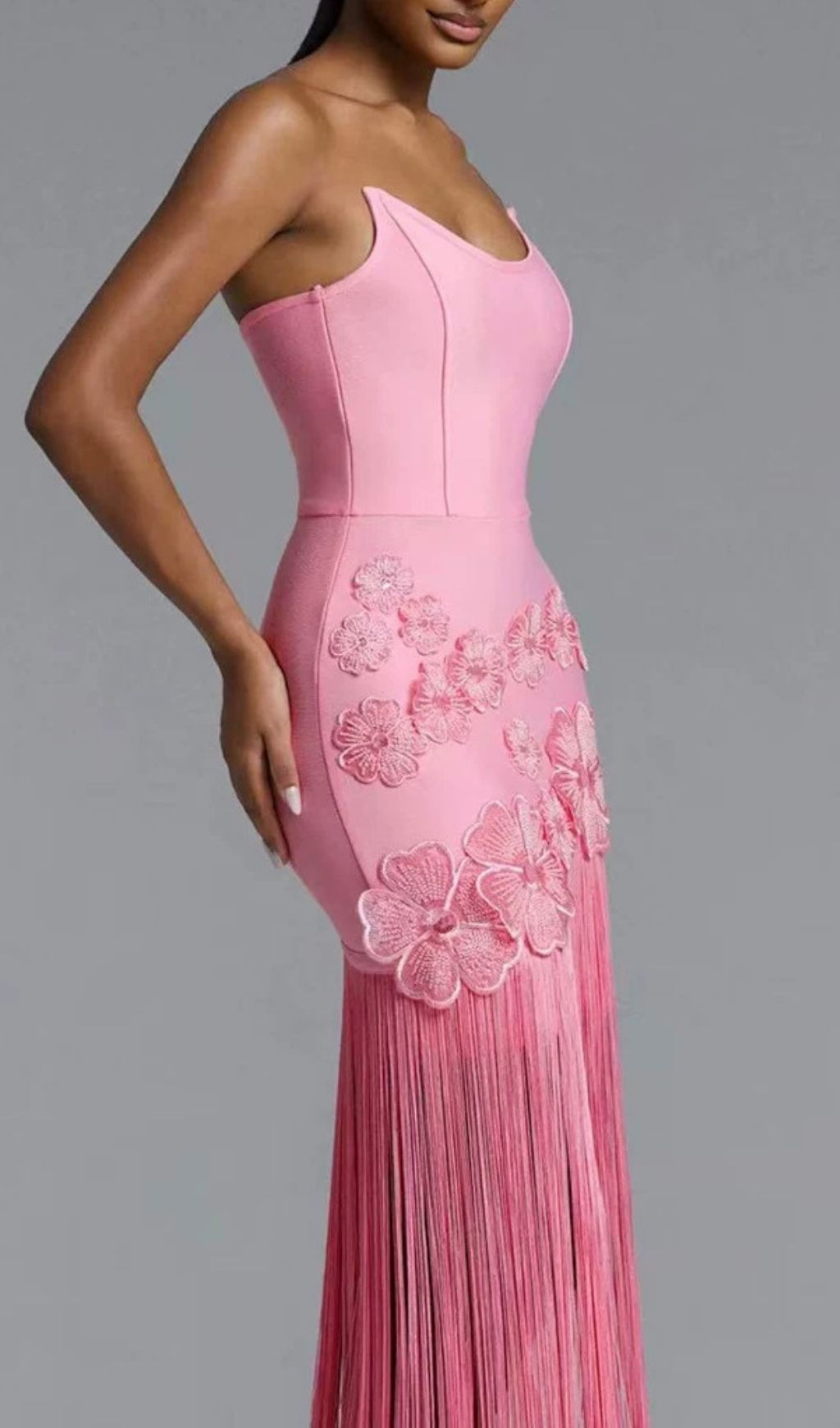 Fashionslee Women Koa Pink Strapless Flower Tassel Bandage Maxi Dress