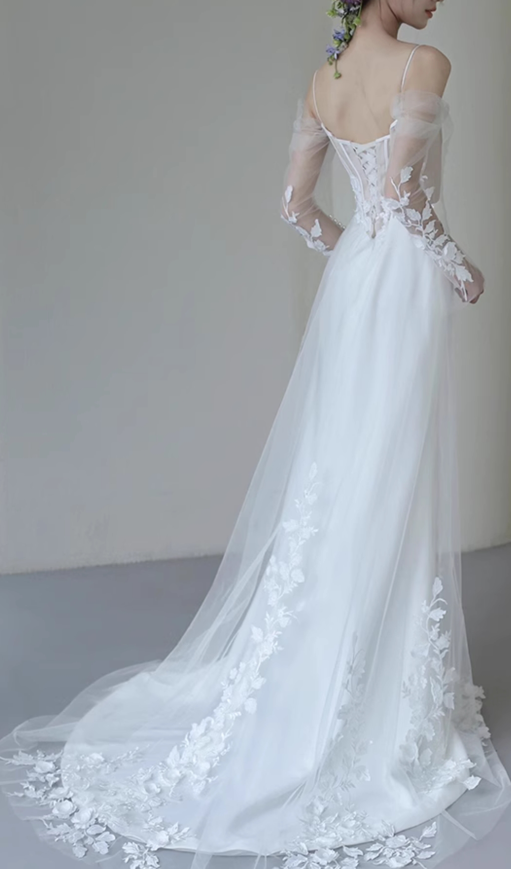 Fashionslee Women Chucky White Mesh Leaf Wedding Dress