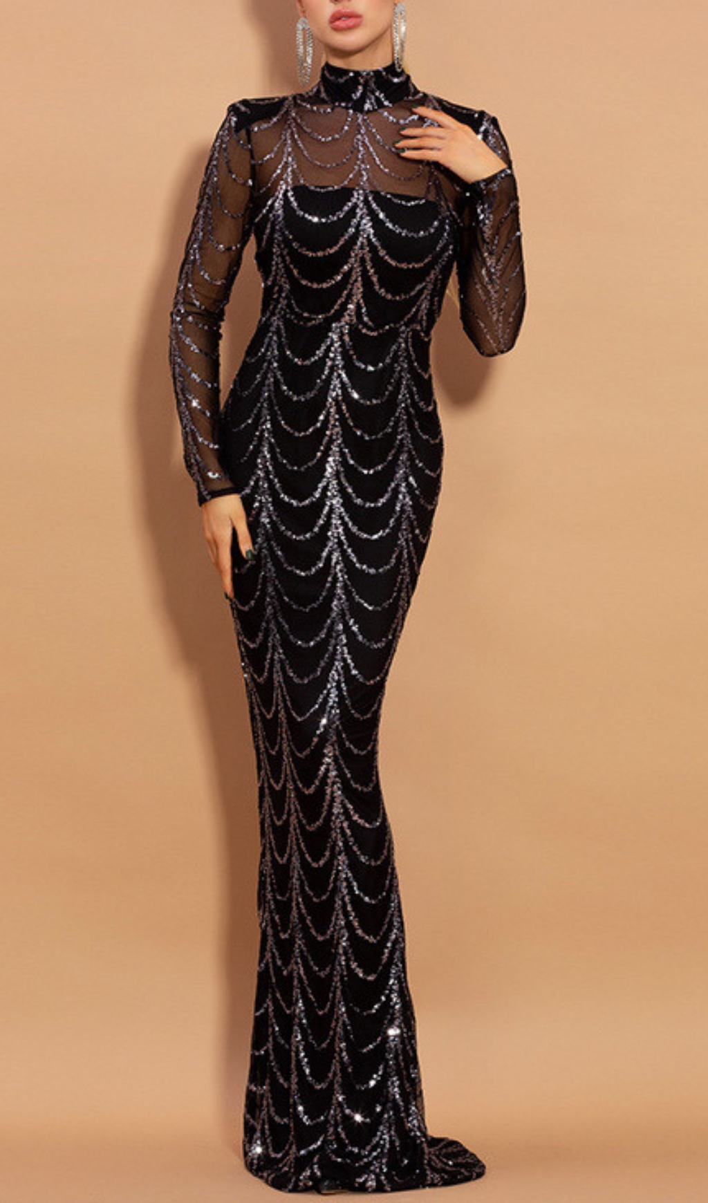 0ab6647ab1734508f9d518acb739efac.jpg Fashionslee Women Bethia Black Sequin Mesh Sleeve Maxi Dress
