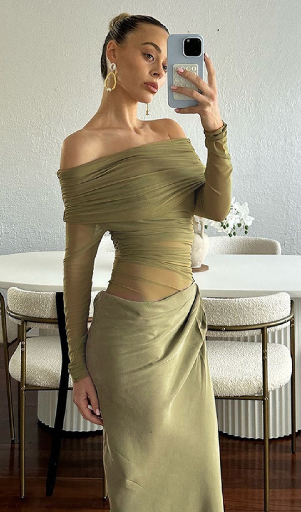 0b0786e9a67ca7032526abb683d2da67.jpg Fashionslee Women Dawood Green Off-Shoulder Long Sleeve Mesh Maxi Dress