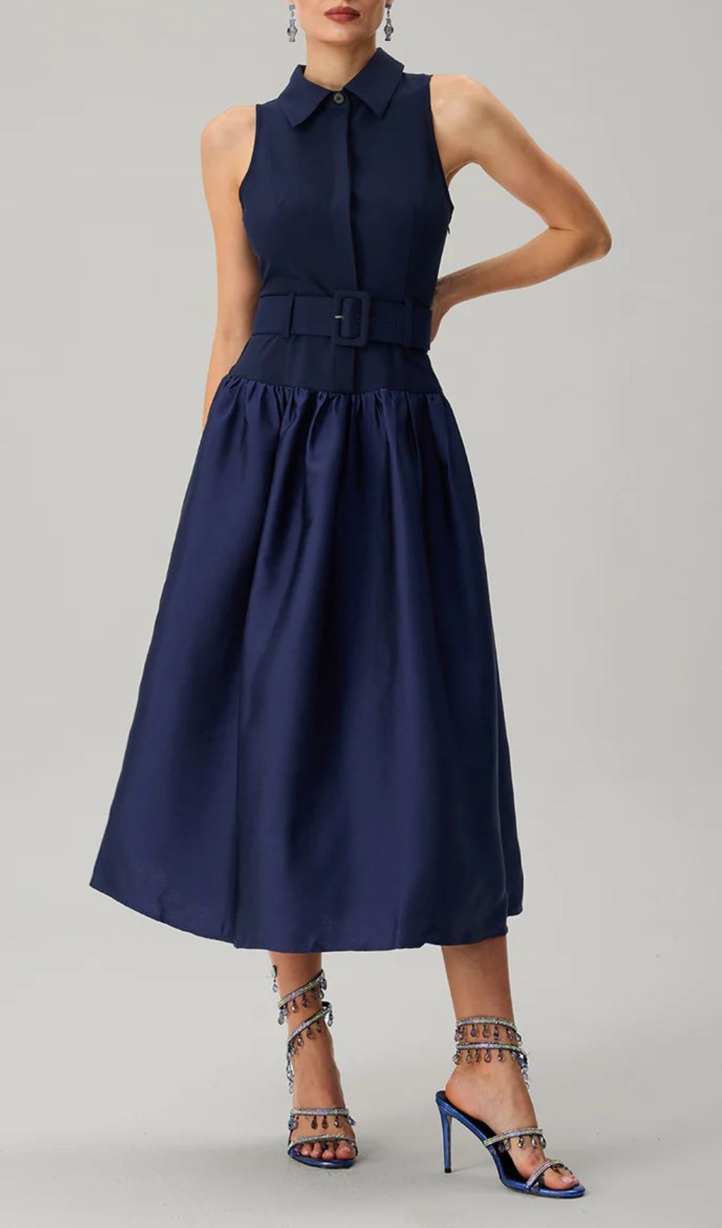 Fashionslee Women Jovisonic Folded Collar Midi Dress With Belt