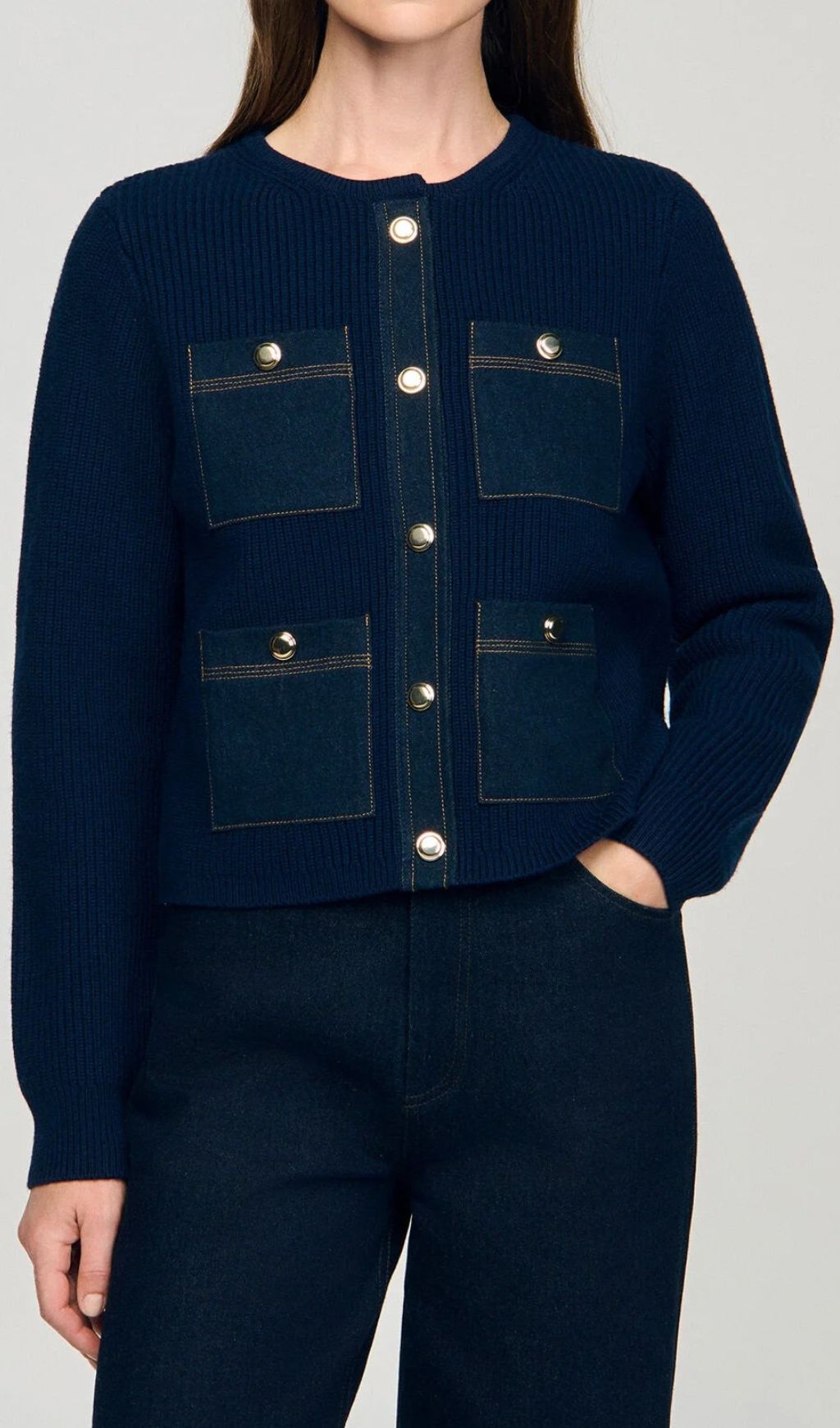 Fashionslee Women Hedvig Denim Detail Knit Cardigan