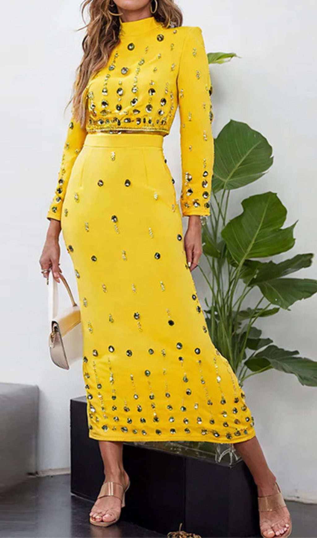 Fashionslee Women Dangola Rhinestone Long Sleeve Top & Maxi Skirt Set