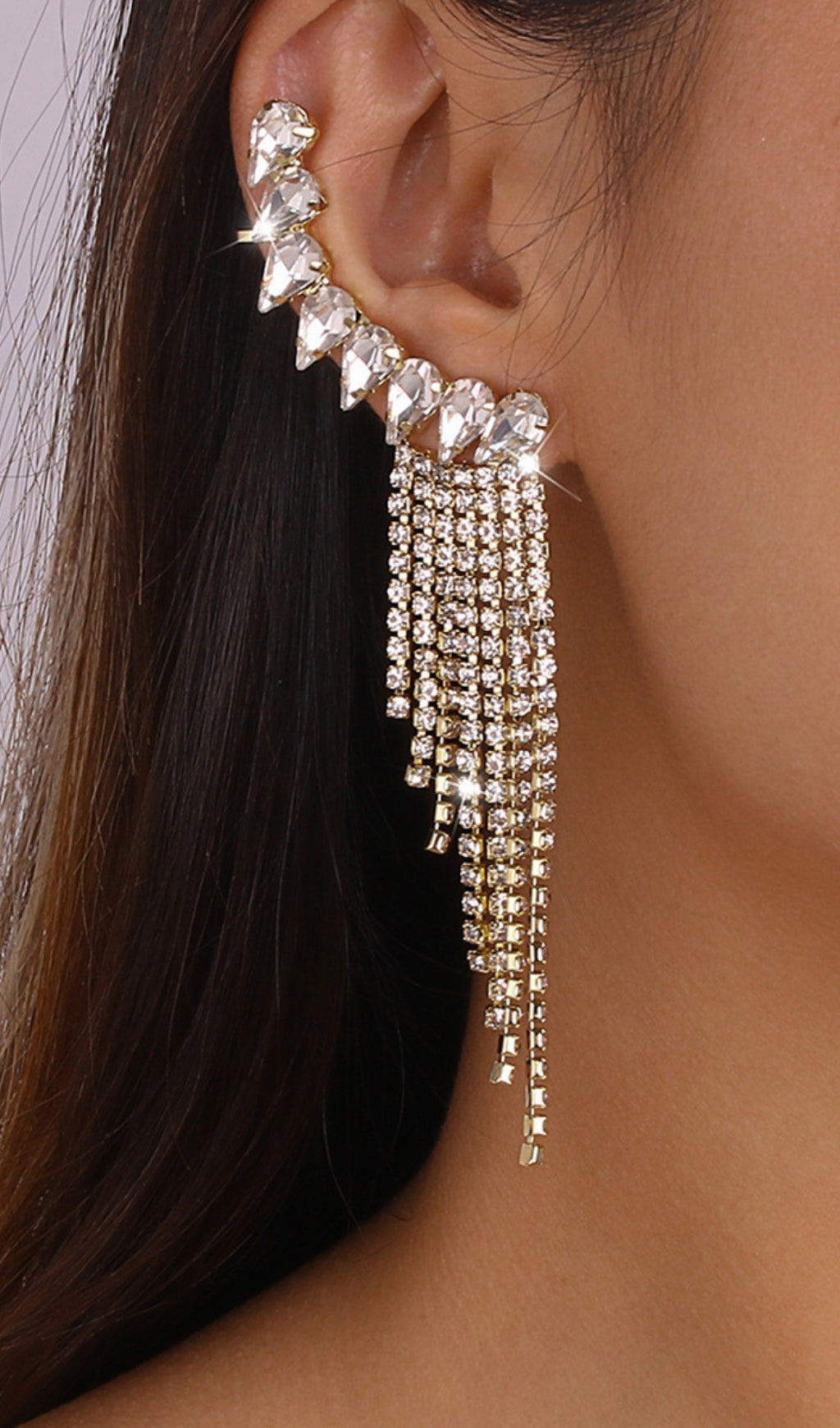 Fashionslee Women Gold Rhinestone Tassel Geometric Earrings