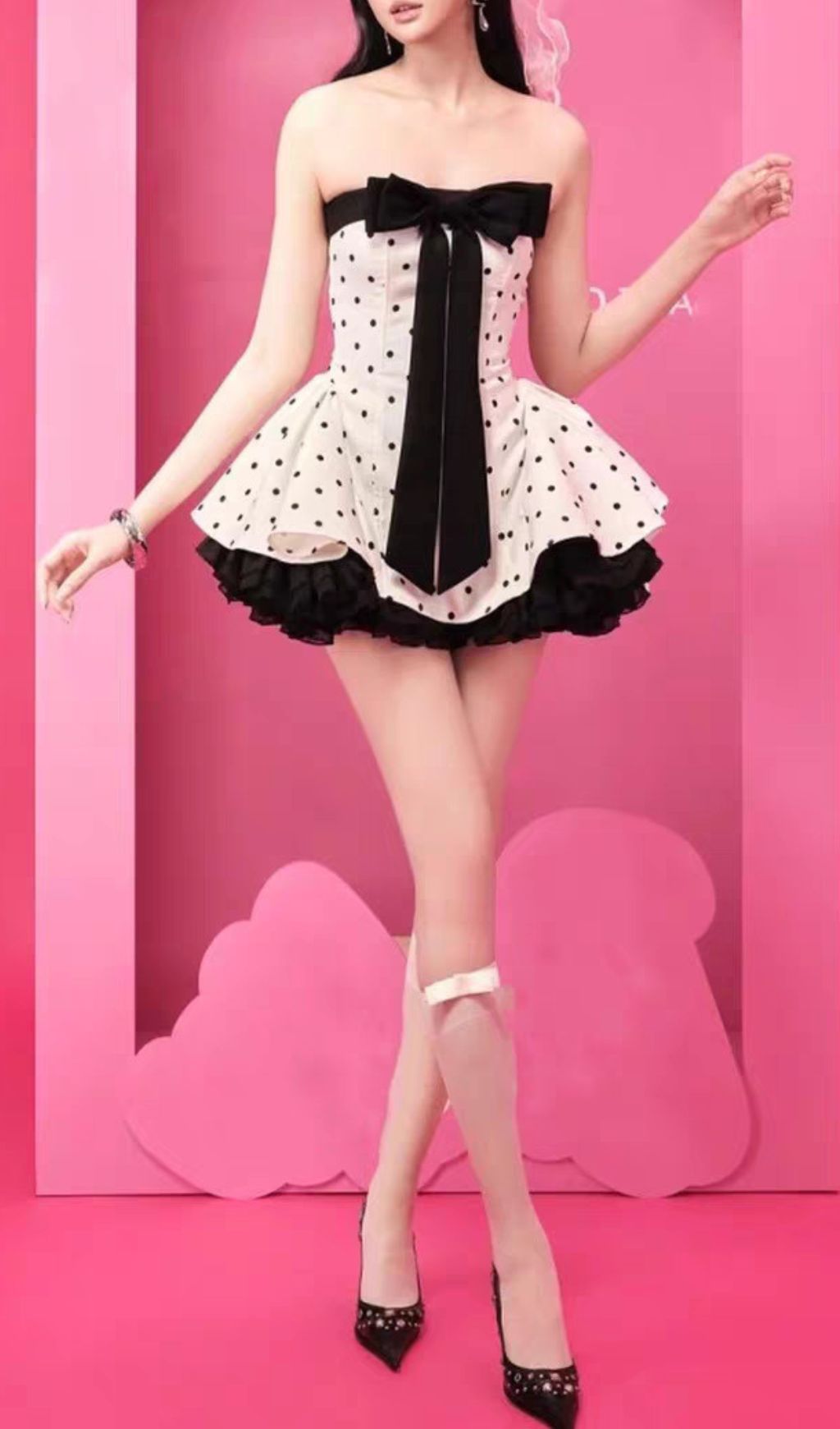 Fashionslee Women Iola Strapless Dot Bowknot Mini Dress