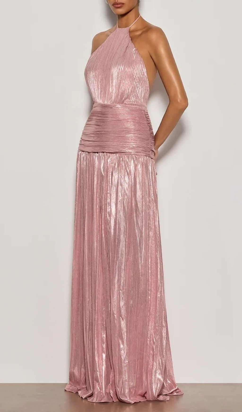 Fashionslee Women Syriona Halterneck Split Pleated Metallic Maxi Dress In Pink
