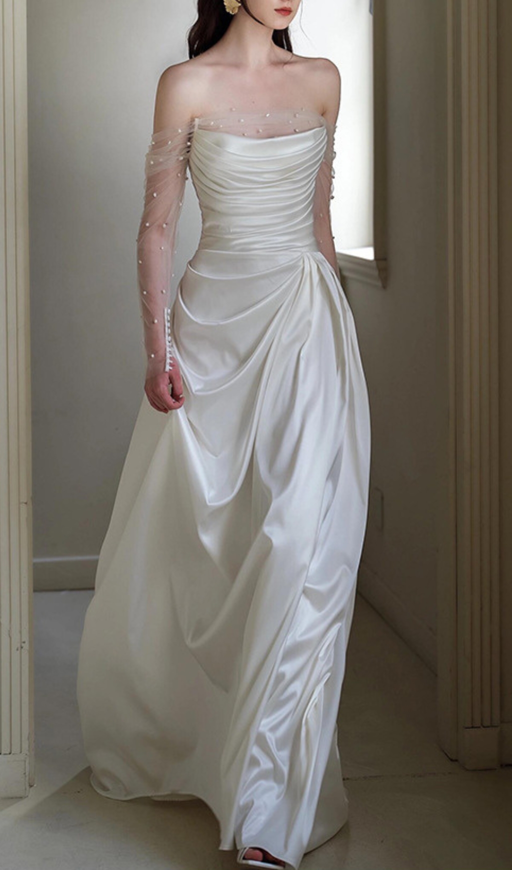 Fashionslee Women Delta White Mesh Sleeve Ruched Wedding Dress