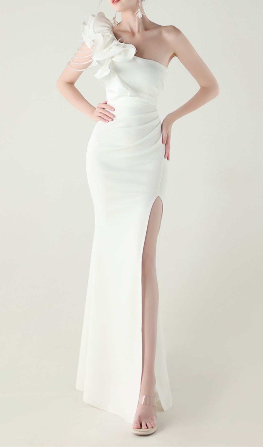 Fashionslee Women Ijlal White One-Shoulder Ruffle Maxi Dress