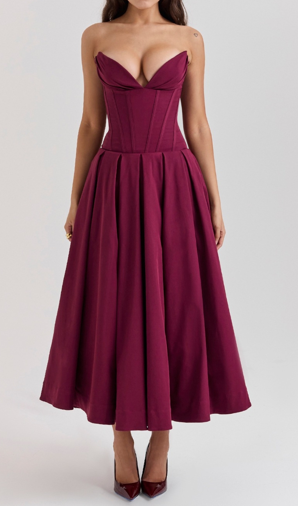 Fashionslee Women Devani Wine Strapless Corset Midi Dress