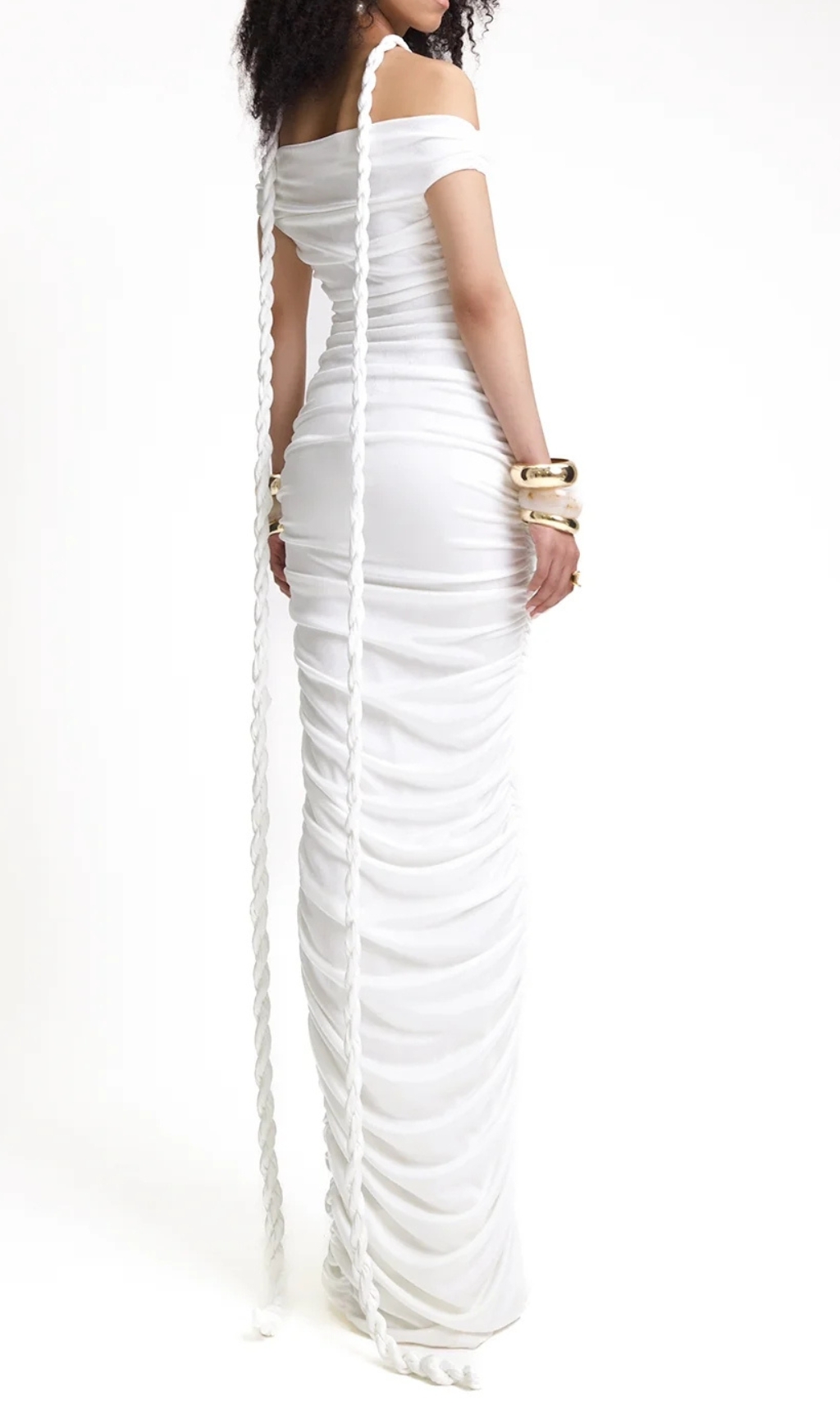 Fashionslee Women Buddug White Bardot Ruched Maxi Dress