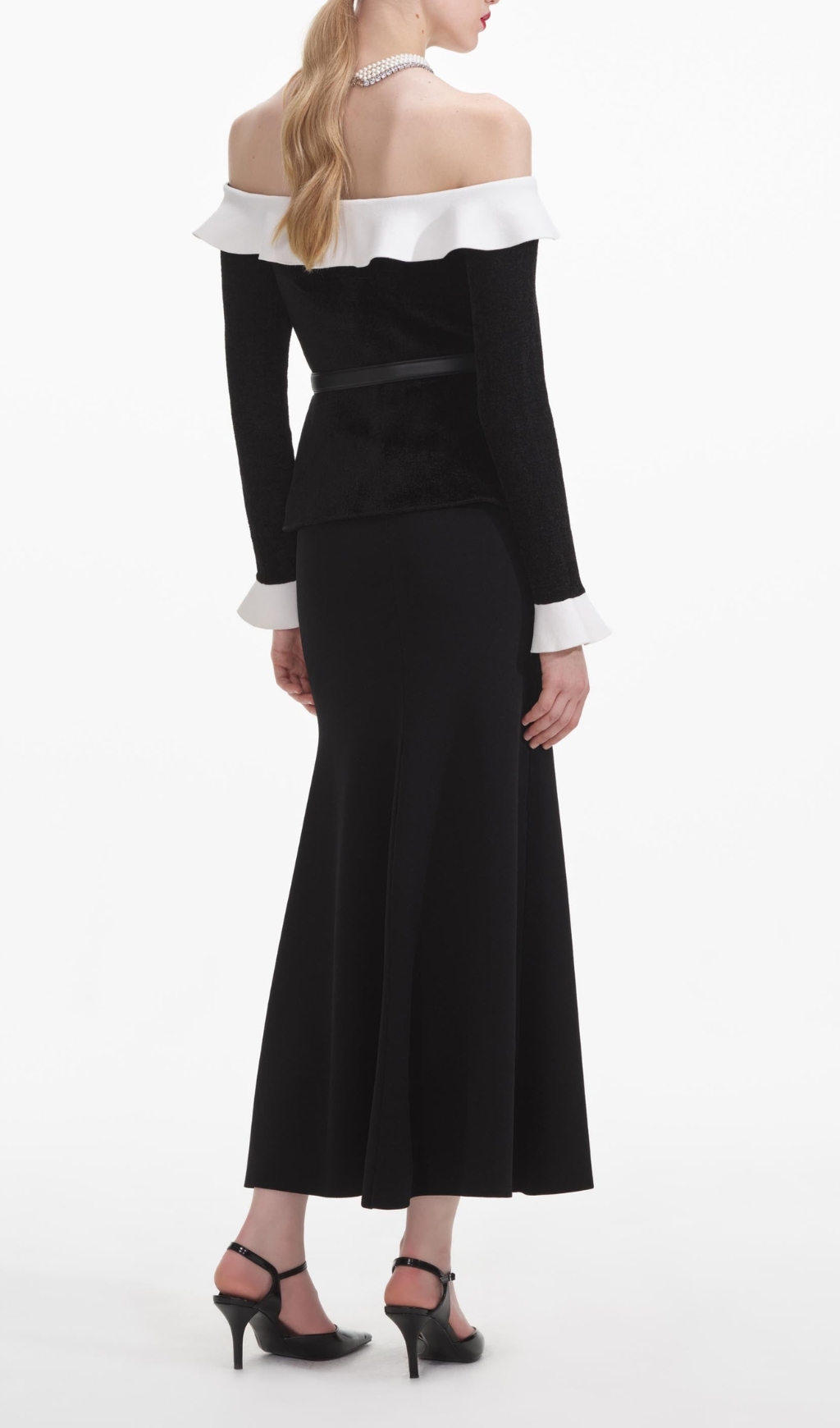 Fashionslee Women Black Chenille Knit Off Shoulder Midi Dress