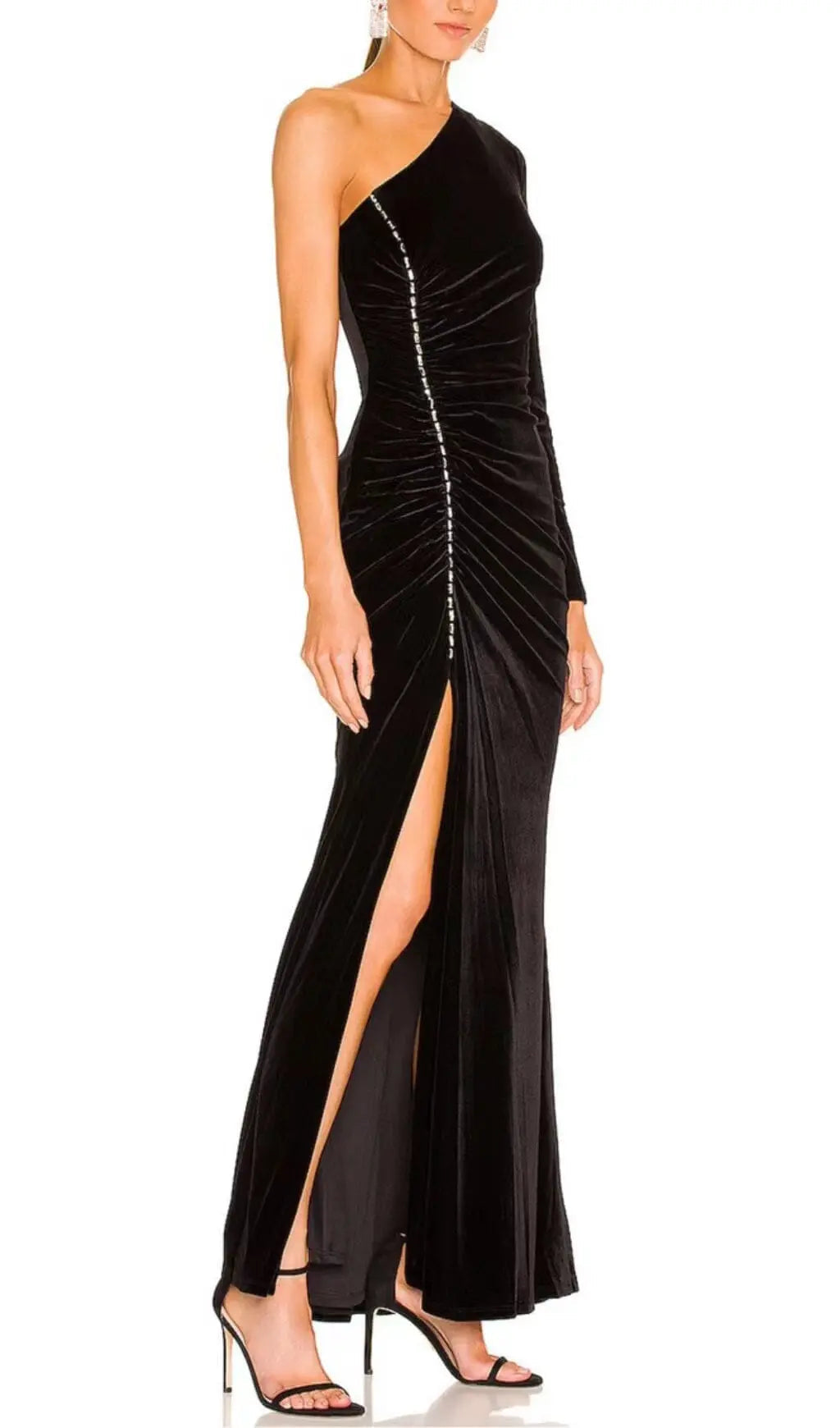 Fashionslee Women Velvet Diamond One Shoulder Split Maxi Dress In Black