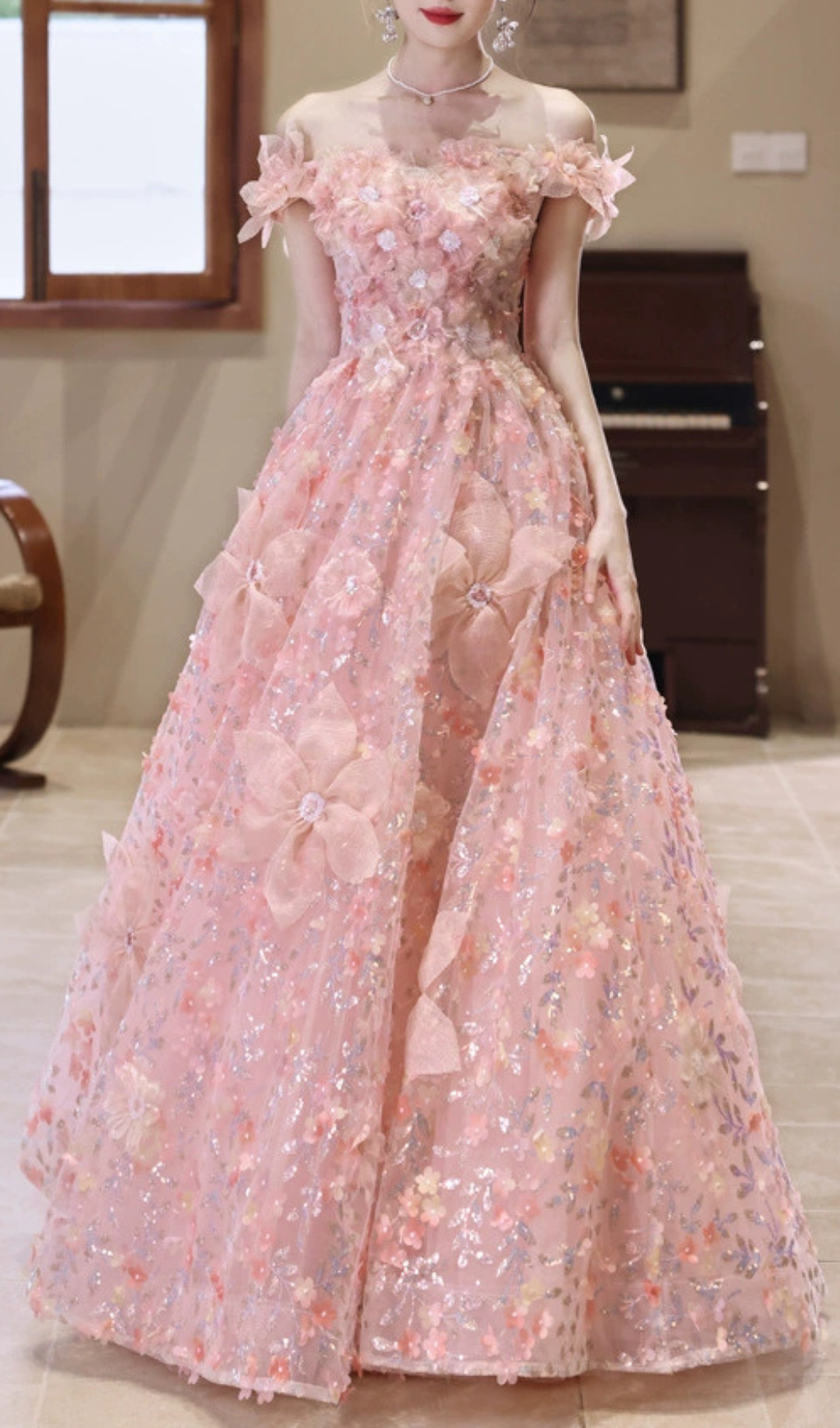 Fashionslee Women Harmony Pink Flower Sequin Maxi Dress