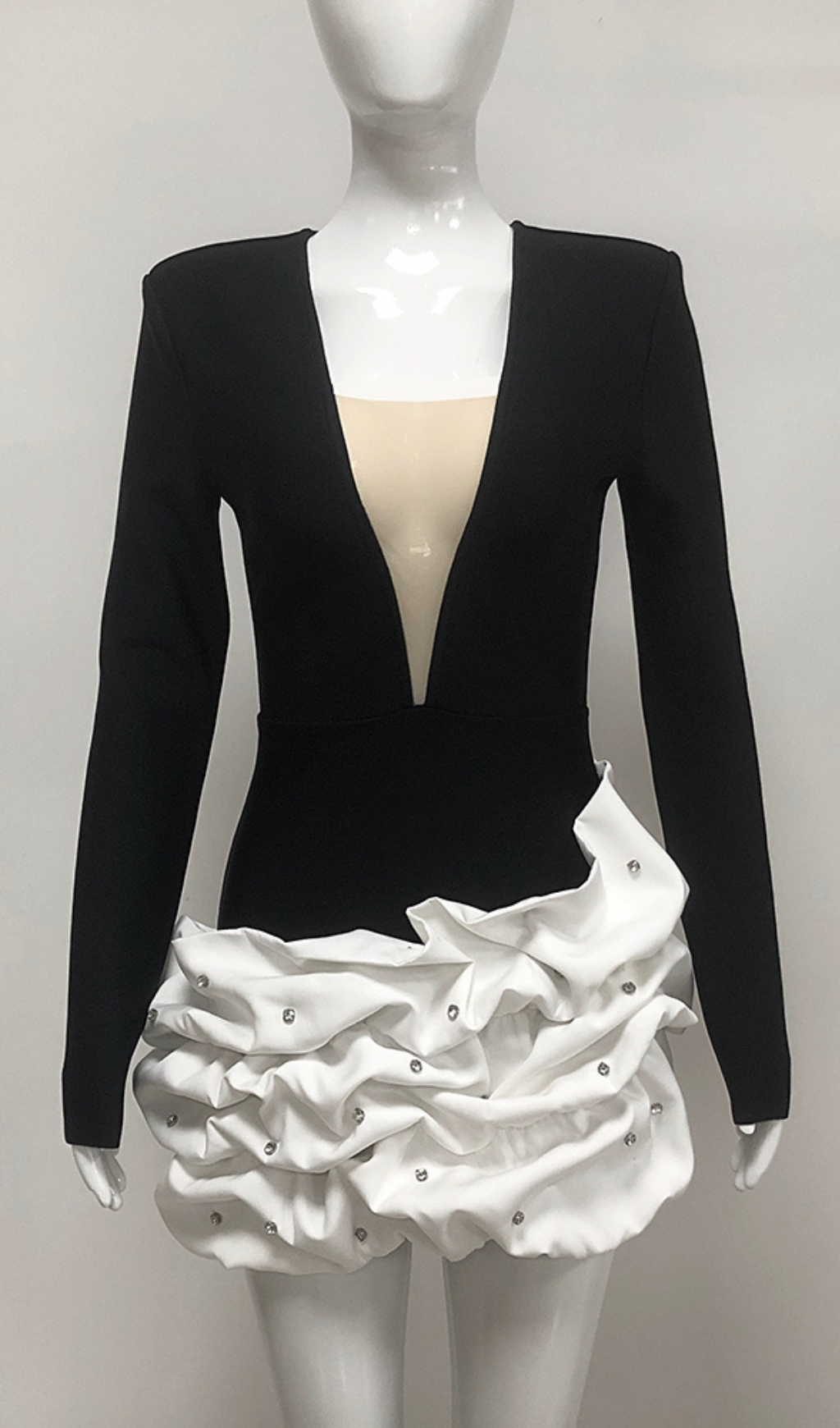 0d55e6429ac4a5e090f54c9fc3ff0a14.jpg Fashionslee Women Long Sleeve Crystal Puff Dress Black White