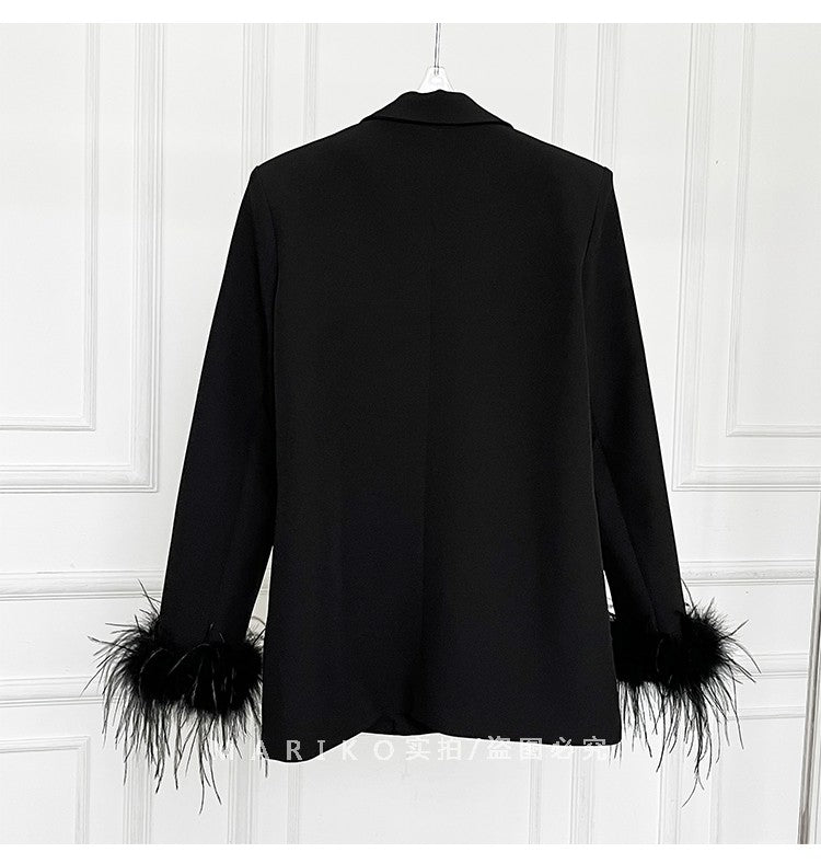 0d611cc55a65a34c4061705bf1f4c690.jpeg Fashionslee Women Velvet Feather-Trim Jacket In Black