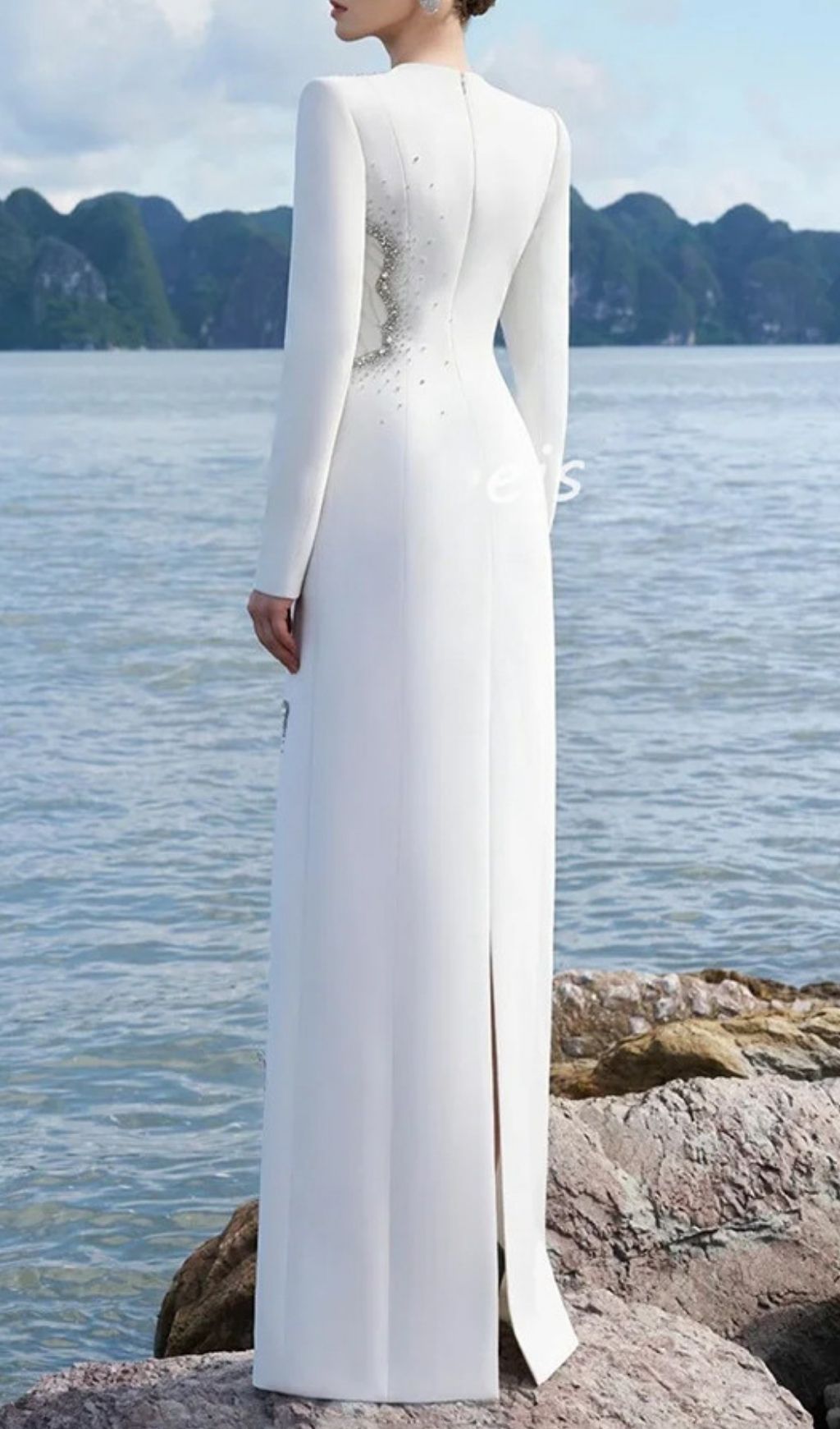 Fashionslee Women Josephe White Long Sleeve Diamante Maxi Dress