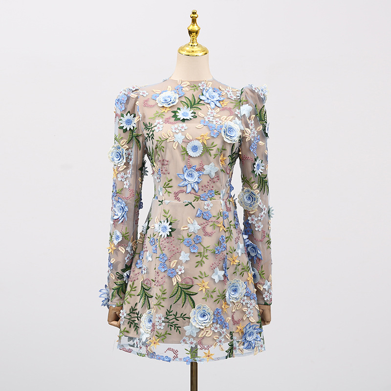 Fashionslee Women Emrys Flower Embroidery Long Sleeve Mini Dress