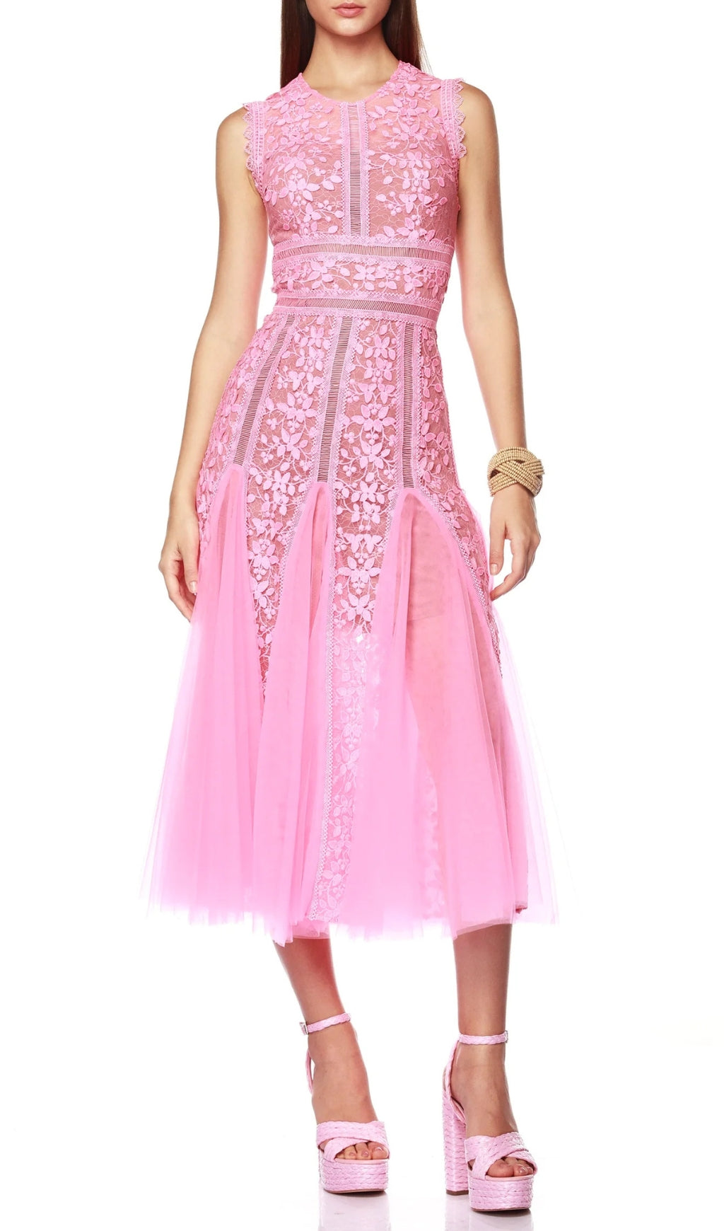 Fashionslee Women Audrianna Pink Embroidery Mesh Midi Dress