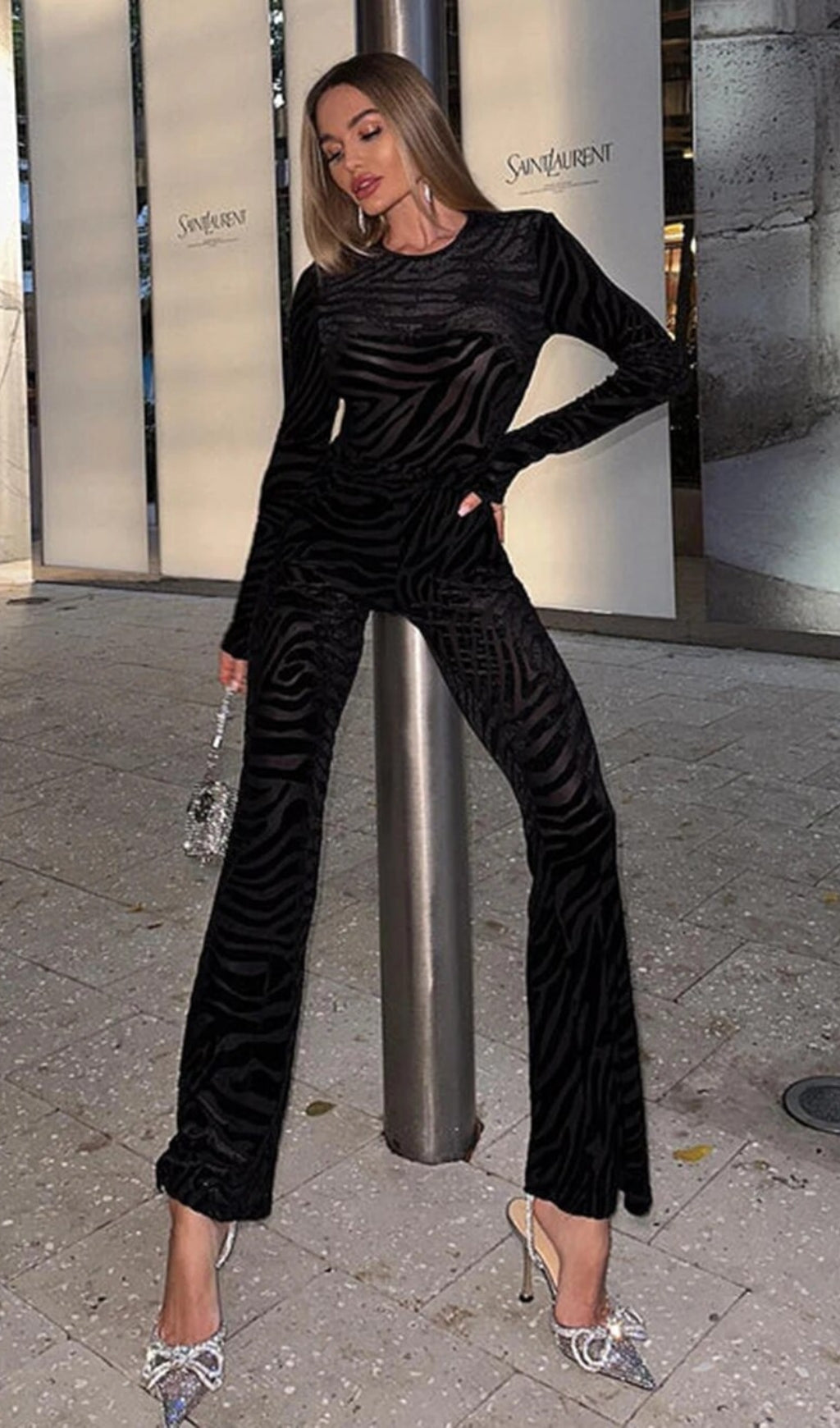 Fashionslee Women Zebra Print Sheer Carved Velvet Jumpsuit Set