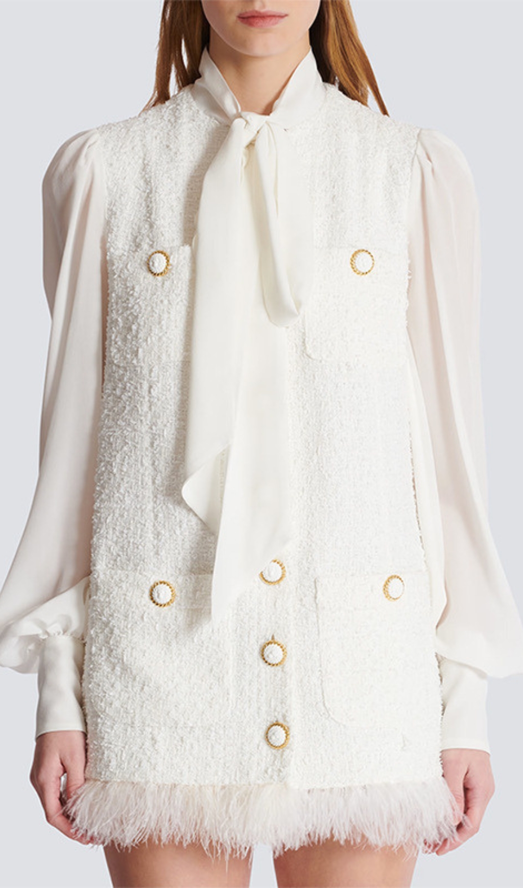 Fashionslee Women Bush White Feather-Trim Tweed Mini Dress