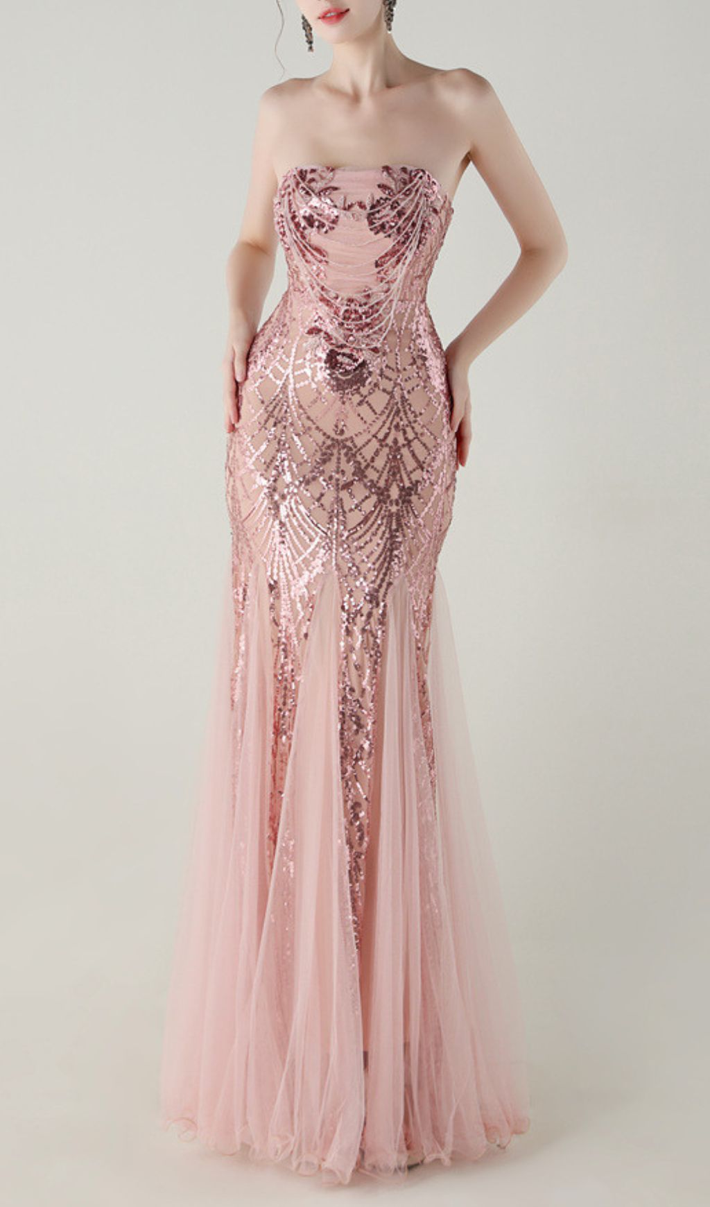 Fashionslee Women Ikuye Pink Strapless Sequin Mesh Maxi Dress