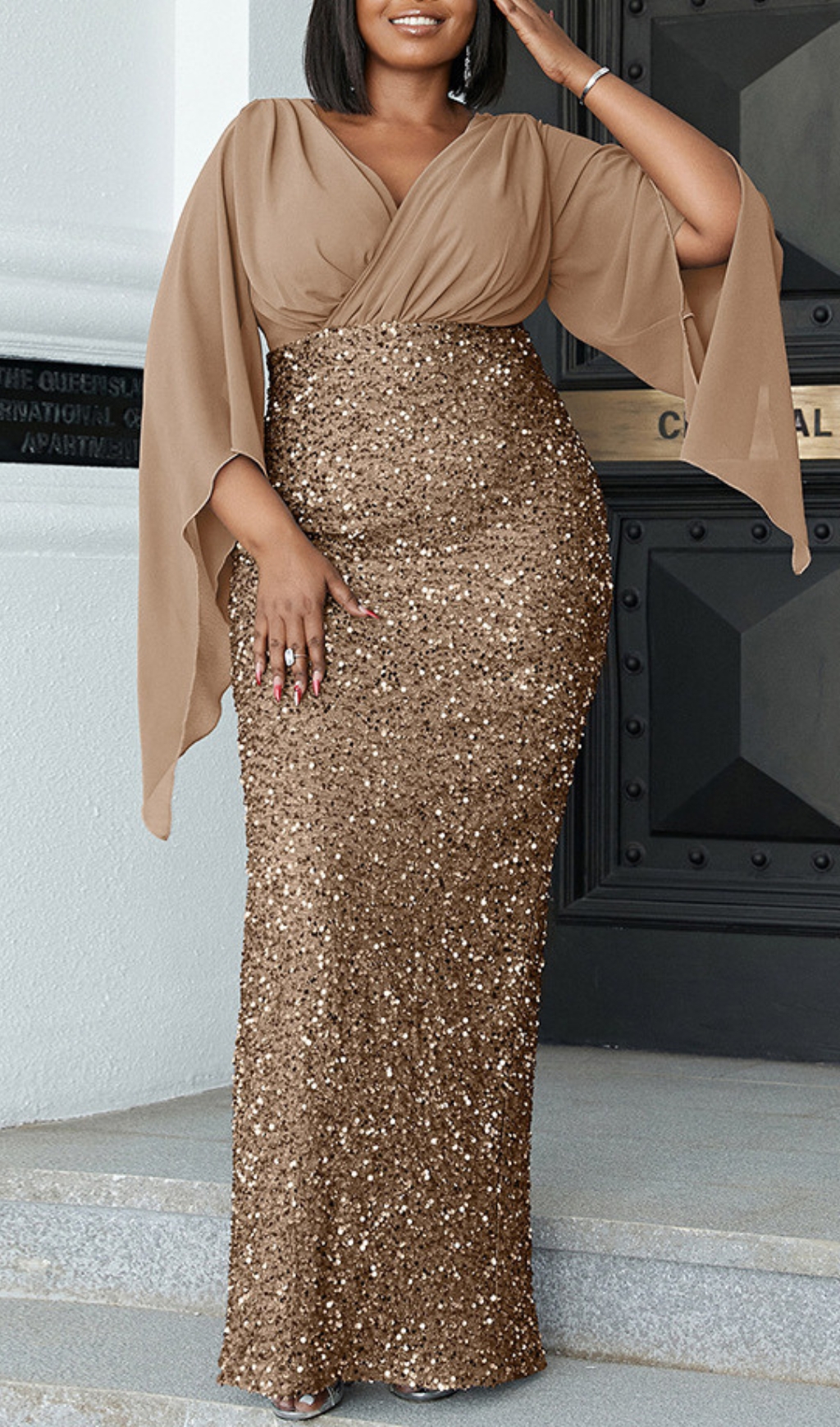 Fashionslee Women Bayarma Gold Sequin V-Neck Plus Size Maxi Dress